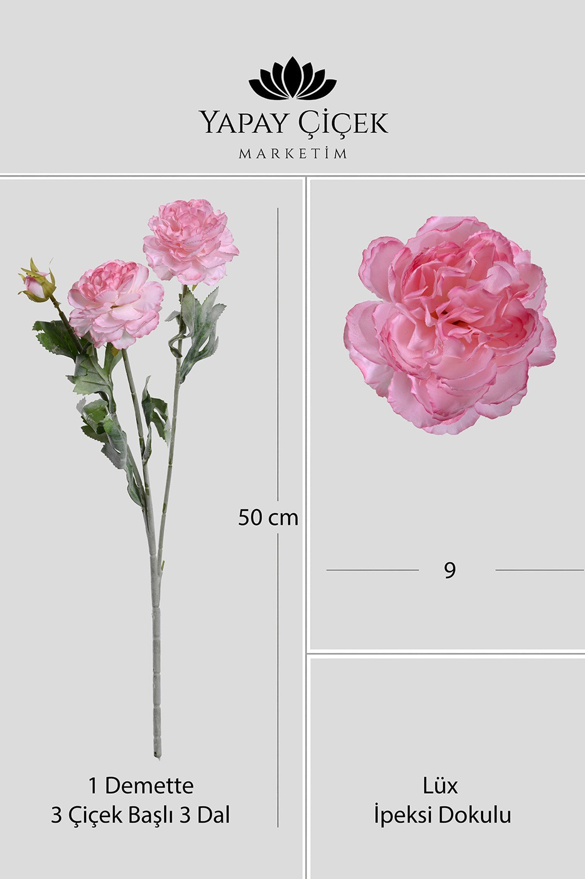 Pembe Yapay Ranunculus Şakayık Çiçeği  3 Dallı Lüx İpeksi Dokulu 50 cm