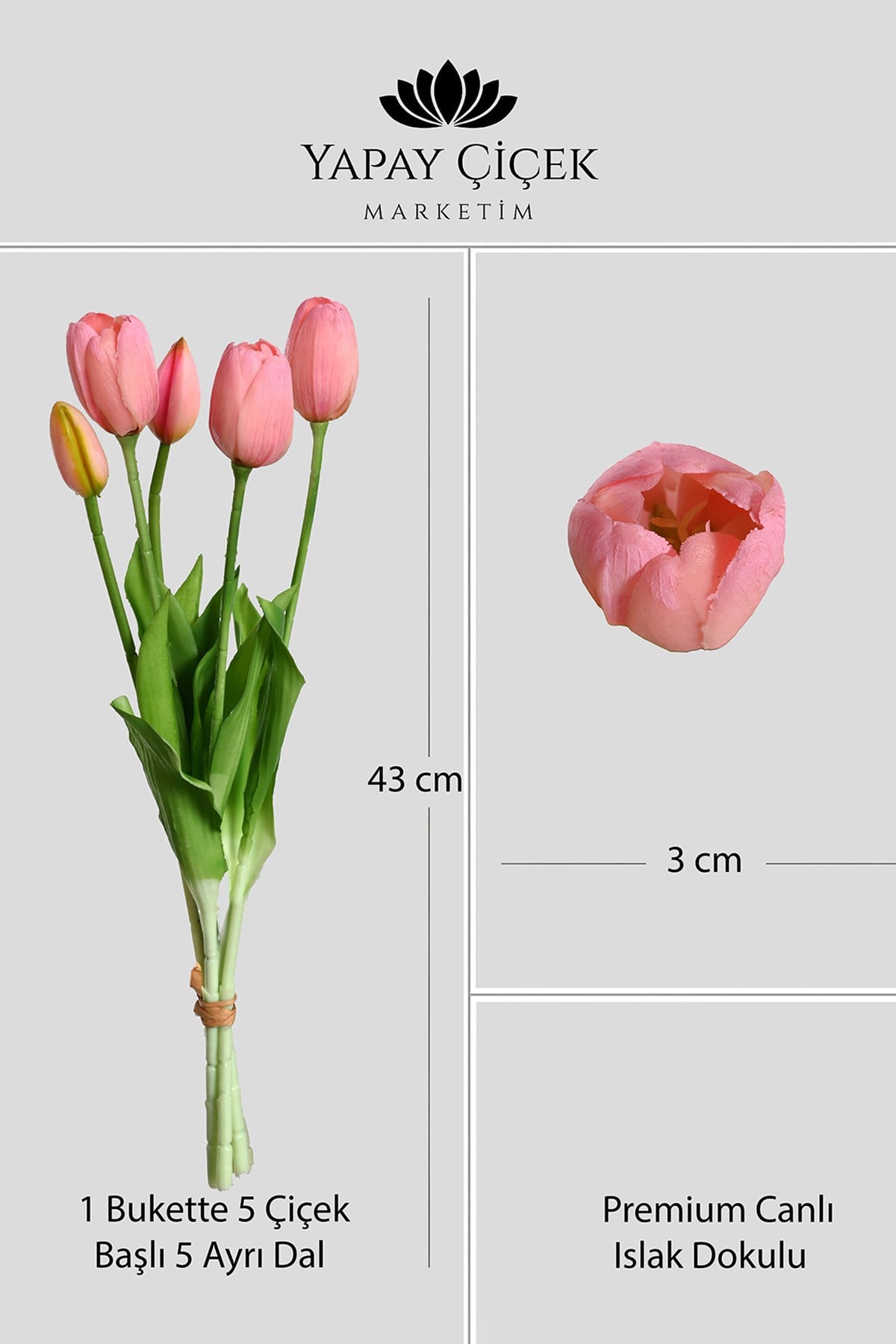 Pembe Yapay Tulipa Lale Çiçeği Buketi 5 Dallı Premium Canlı Islak Dokulu 43 cm