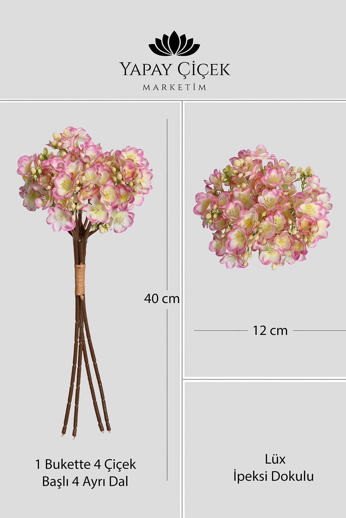 Pembe Yapay Yasemin Çiçeği Buketi 4 Dallı Lüx İpeksi Dokulu 40 cm