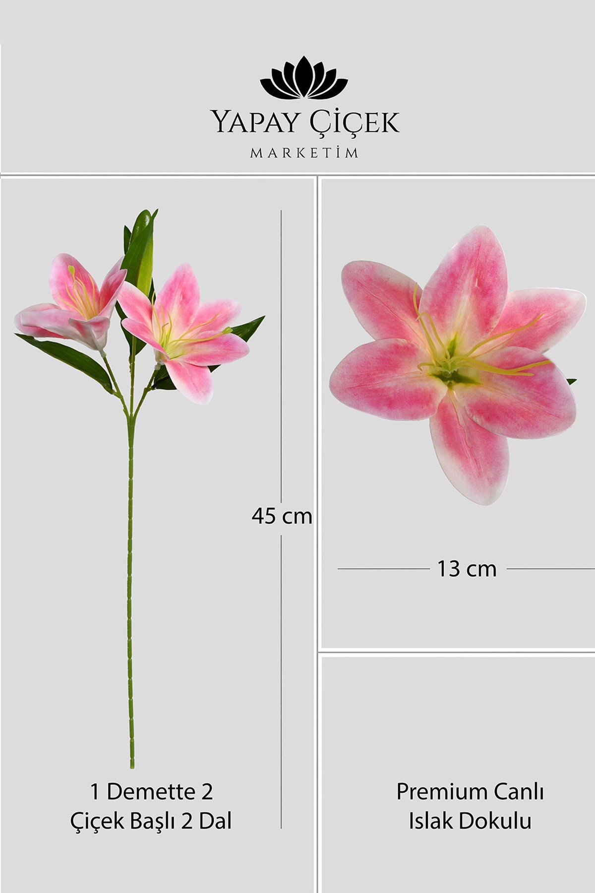 Pembe Yapay Zambak Çiçeği 2 Dallı Premium Canlı Islak Dokulu 45 cm