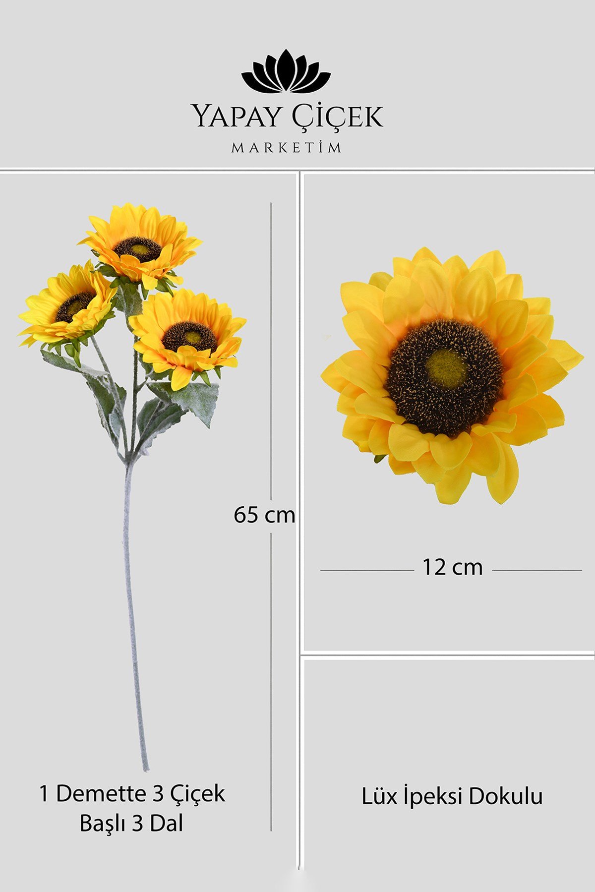 Sarı Yapay Ay Çiçeği 3 Dallı Lüx İpeksi Dokulu 65 cm
