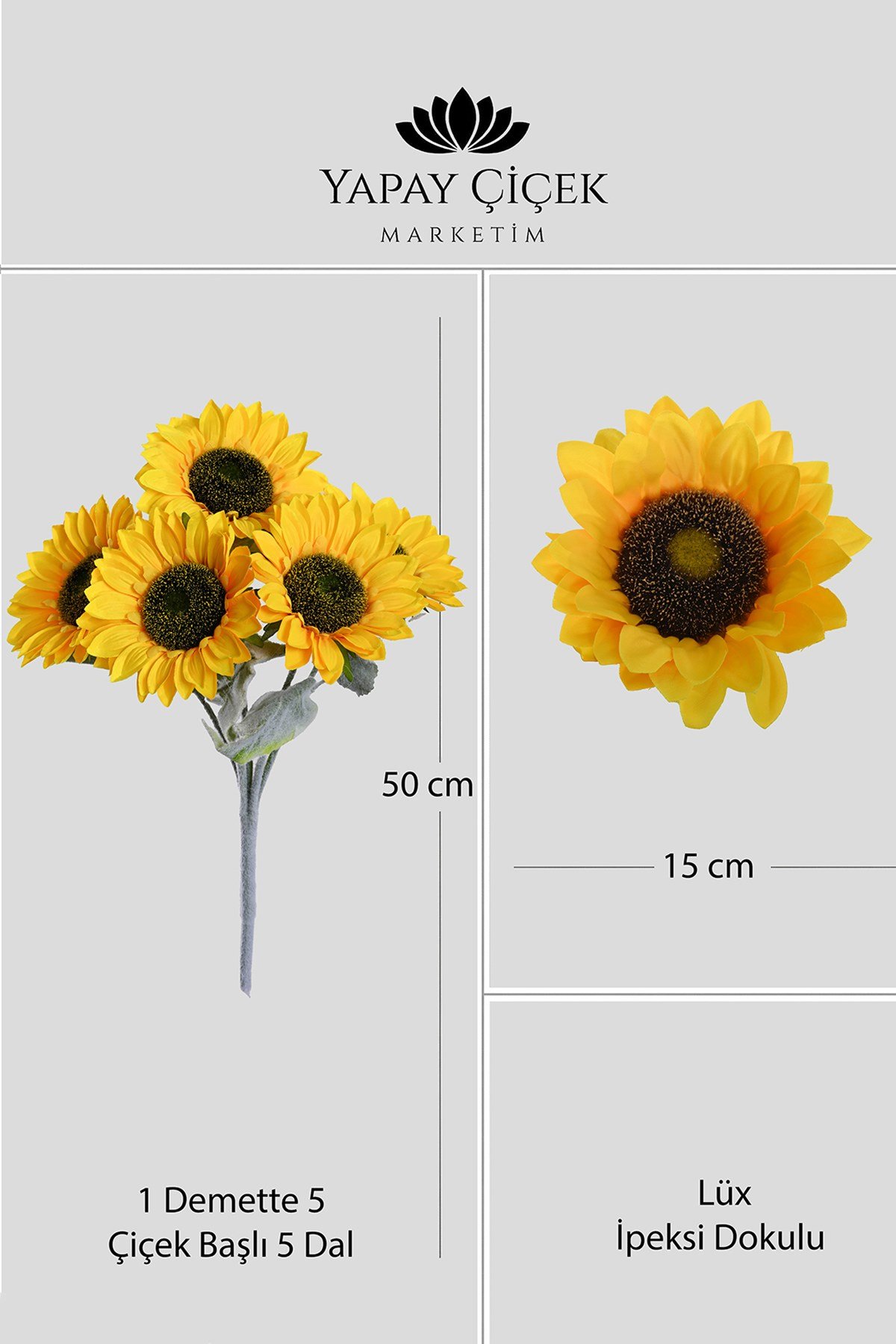 Sarı Yapay Ay Çiçeği 5 Dallı Lüx İpeksi Dokulu  50 cm