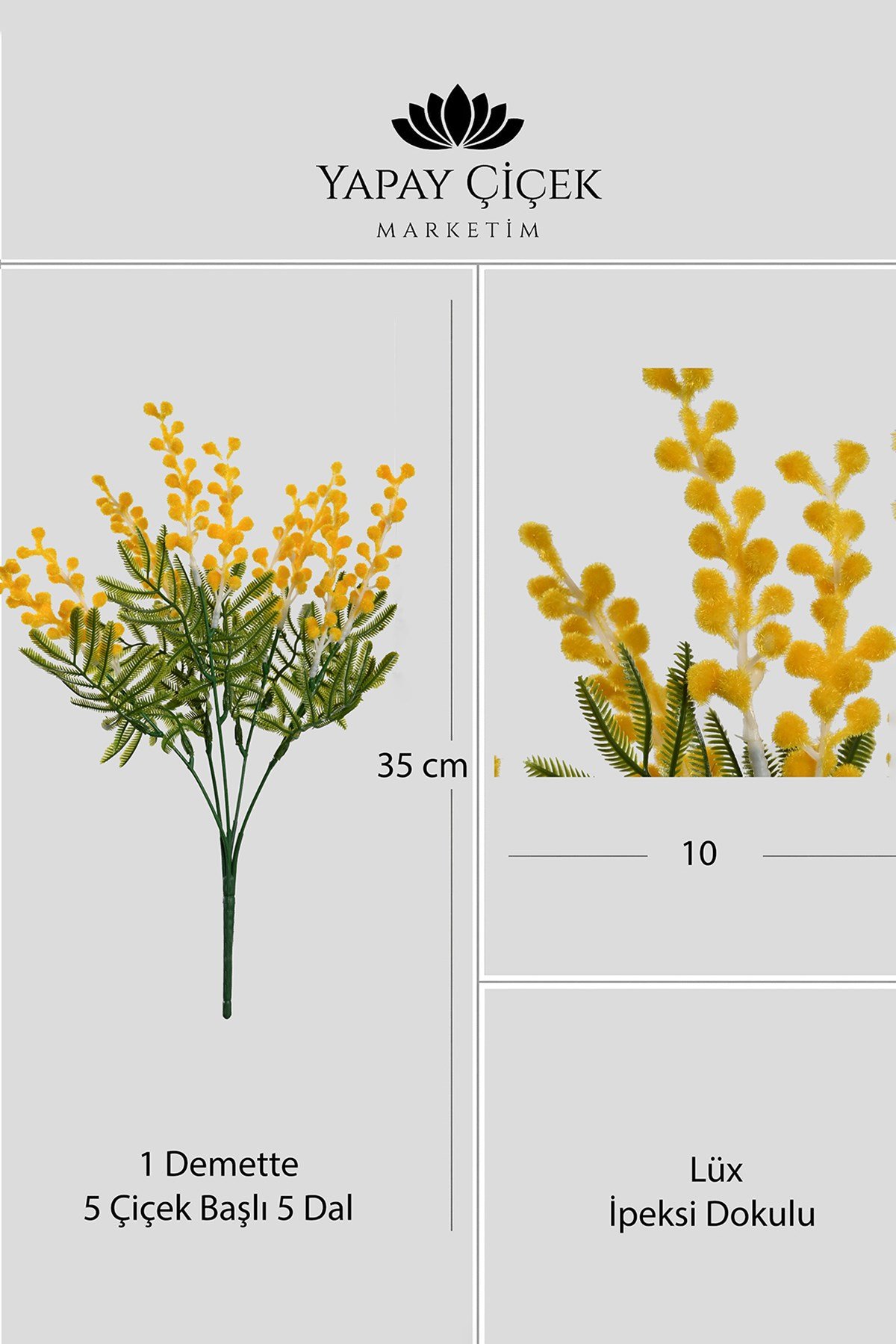 Sarı Yapay Mimoza Çiçeği Demeti 10 Dallı  Lüx İpeksi Dokulu 35 cm