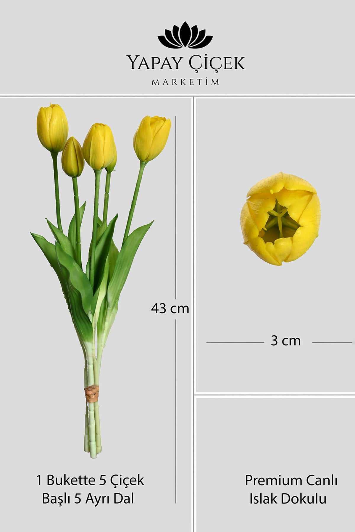 Sarı Yapay Tulipa Lale Çiçeği Buketi 5 Dallı Premium Canlı Islak Dokulu 43 cm