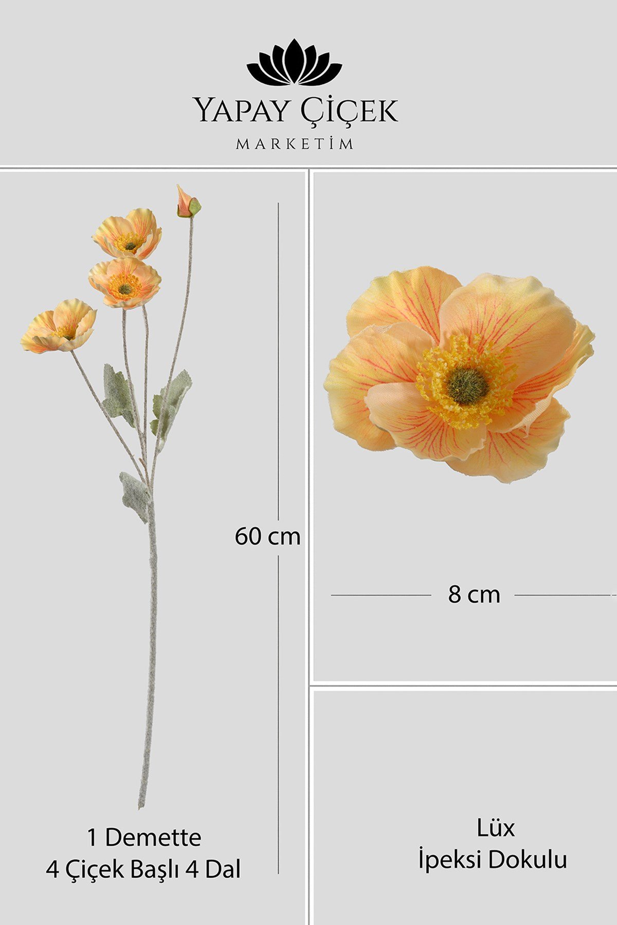 Somon Yapay Gelincik Çiçeği  4 Dallı Lüx İpeksi Dokulu 60 cm