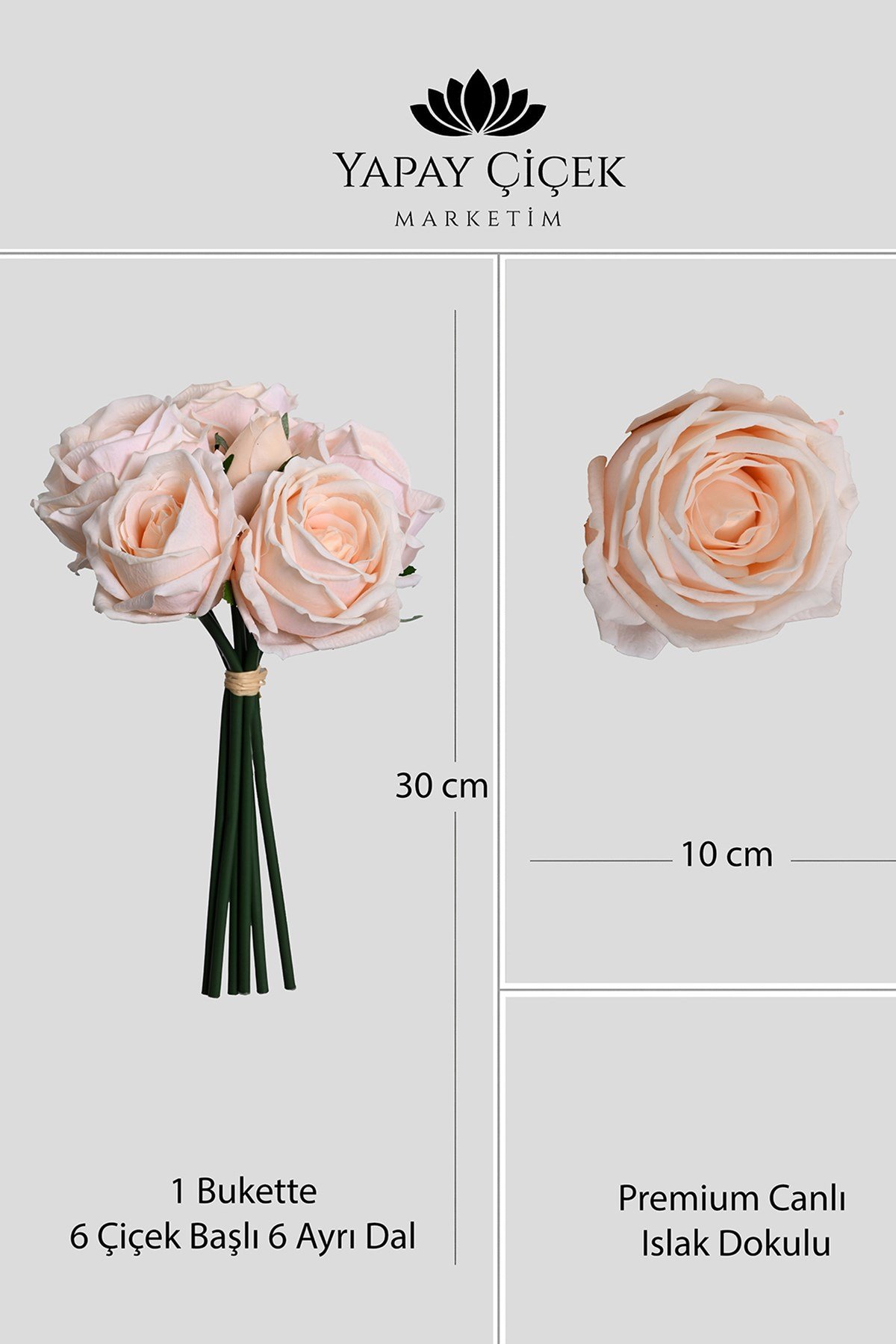 Somon Yapay Lüx Gül Buketi 6 Dallı Premium Canlı  Islak Dokulu 30 cm