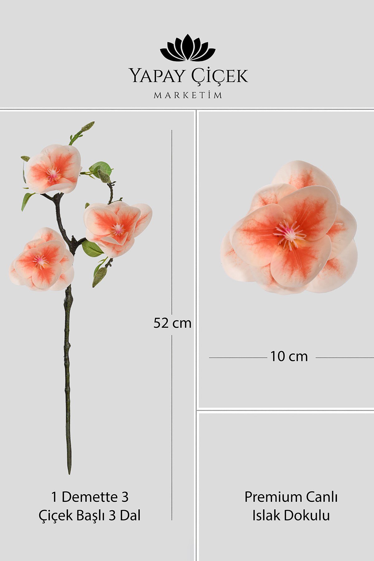 Somon Yapay Manolya Çiçeği 3 Dallı Premium Canlı Islak Dokulu 52 cm