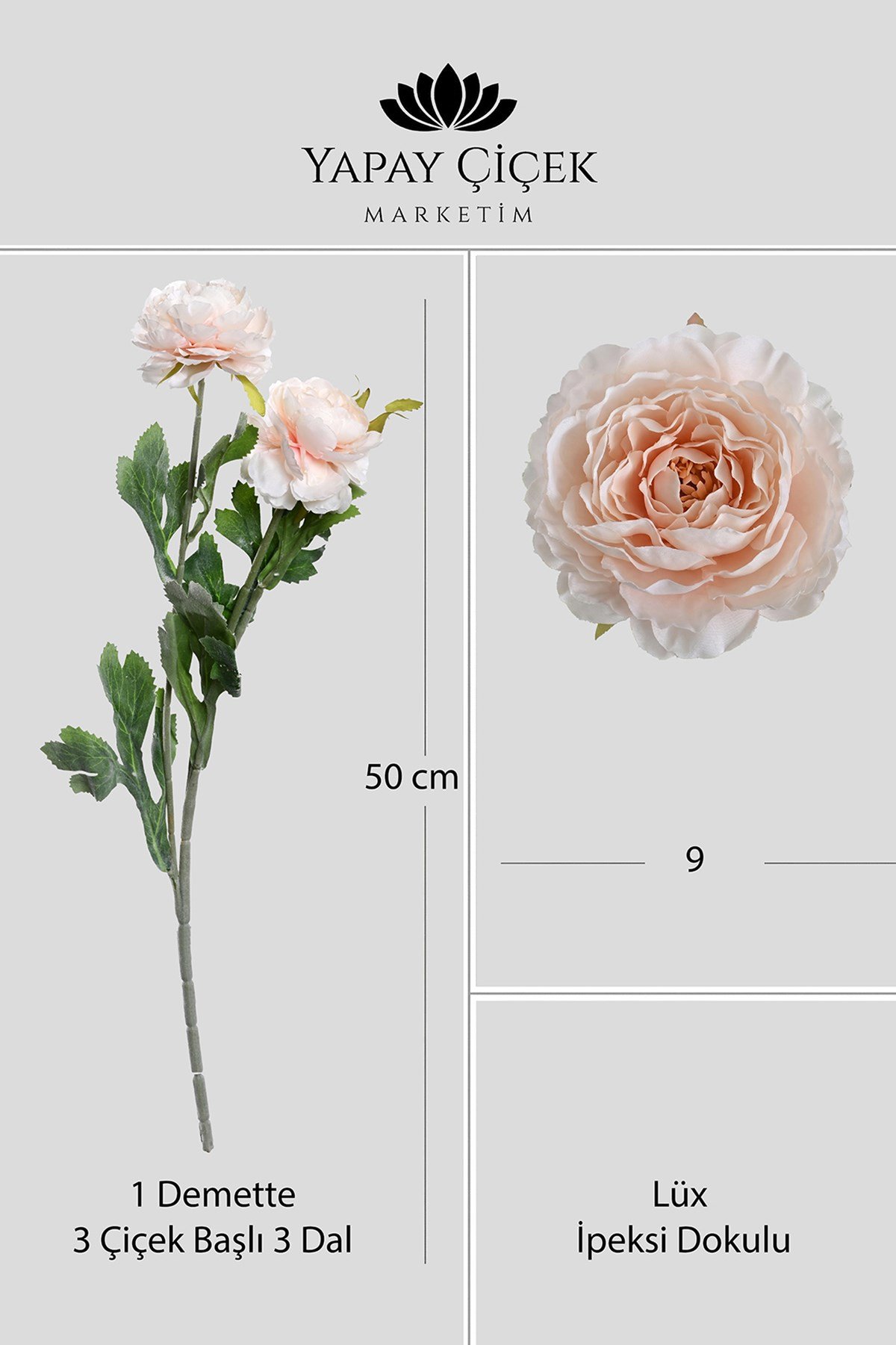 Somon Yapay Ranunculus Şakayık Çiçeği  3 Dallı Lüx İpeksi Dokulu  50 cm