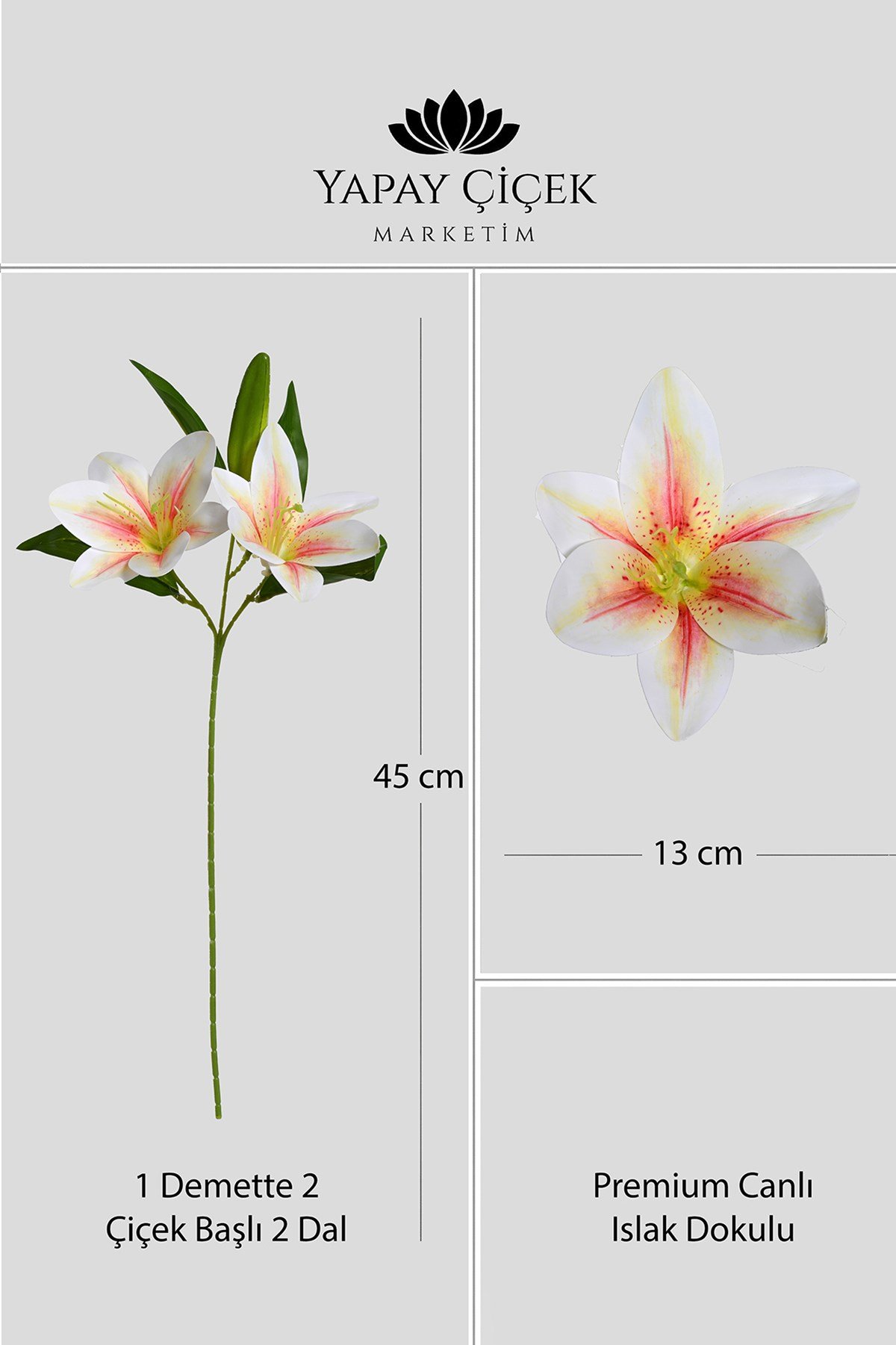 Somon Yapay Zambak Çiçeği Dallı  Premium Canlı Islak Dokulu 45 cm
