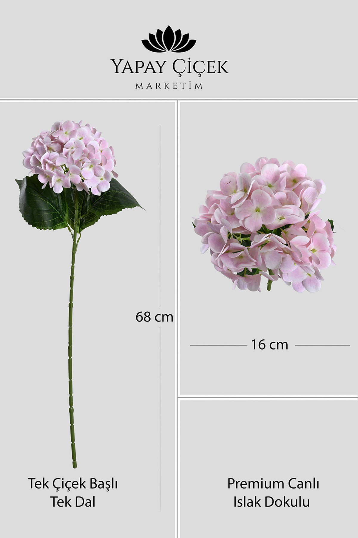 Toz Pembe Yapay Çiçeği  Ortanca Tek Dal Premium Canlı Islak Dokulu 68 cm