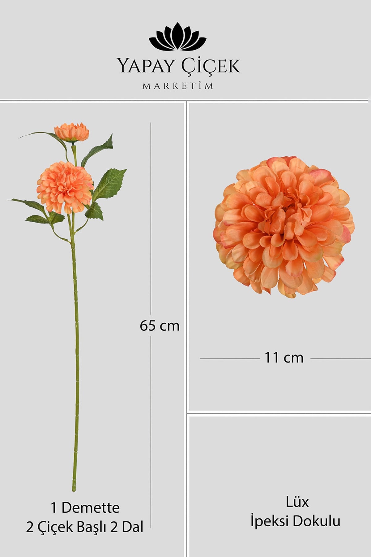 Turuncu Yapay Dahlia Yıldız Çiçeği 2 Dallı Lüx İpeksi Dokulu  65 cm