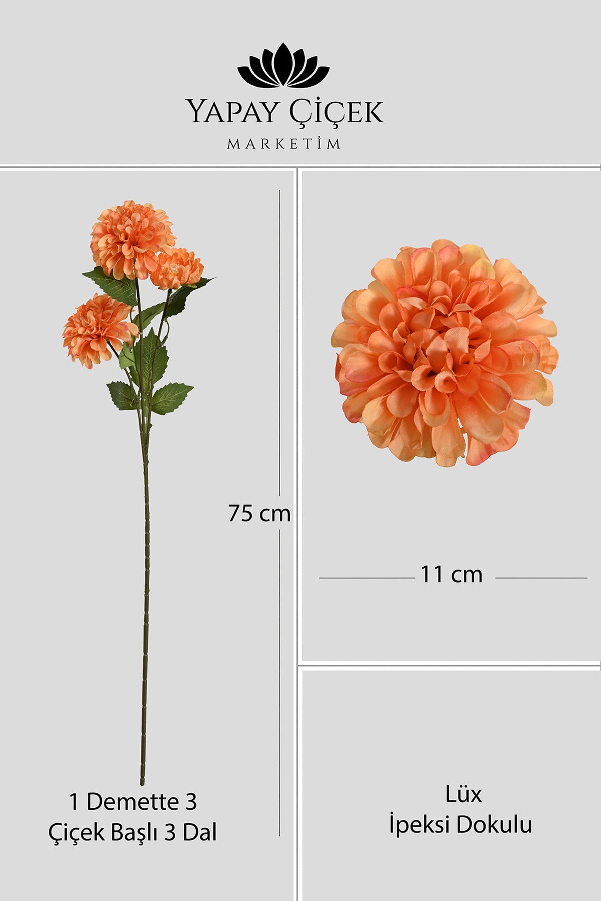 Turuncu Yapay Dahlia Yıldız Çiçeği 3 Dallı Lüx İpeksi Dokulu 75 cm