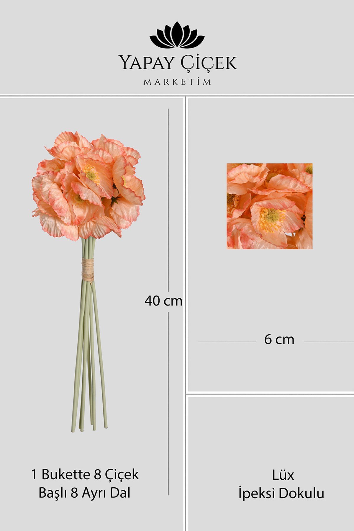 Turuncu Yapay Gelincik Çiçeği Buketi 8 Dallı Lüx İpeksi Dokulu  40 cm