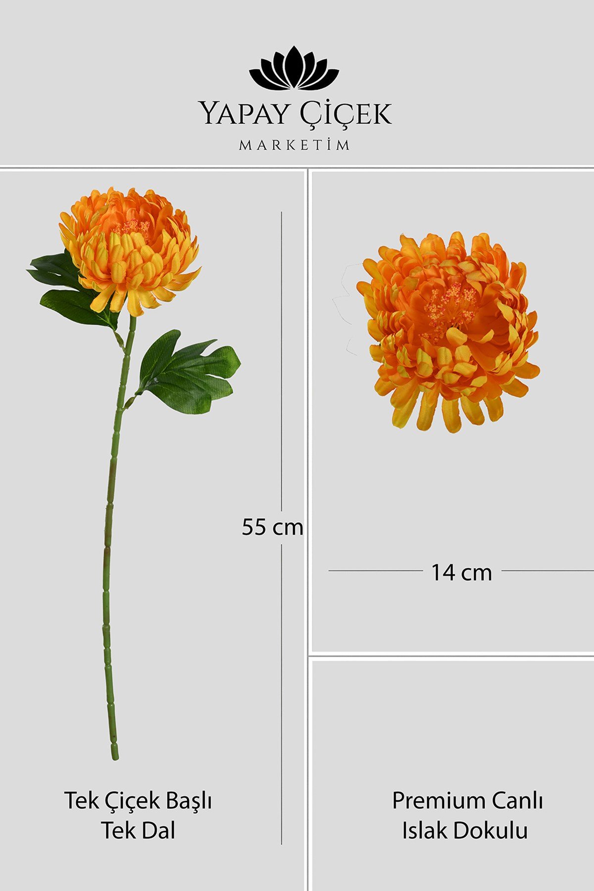 Turuncu Yapay Kasımpatı Çiçeği Tek Dal Lüx İpeksi Dokulu 55 cm