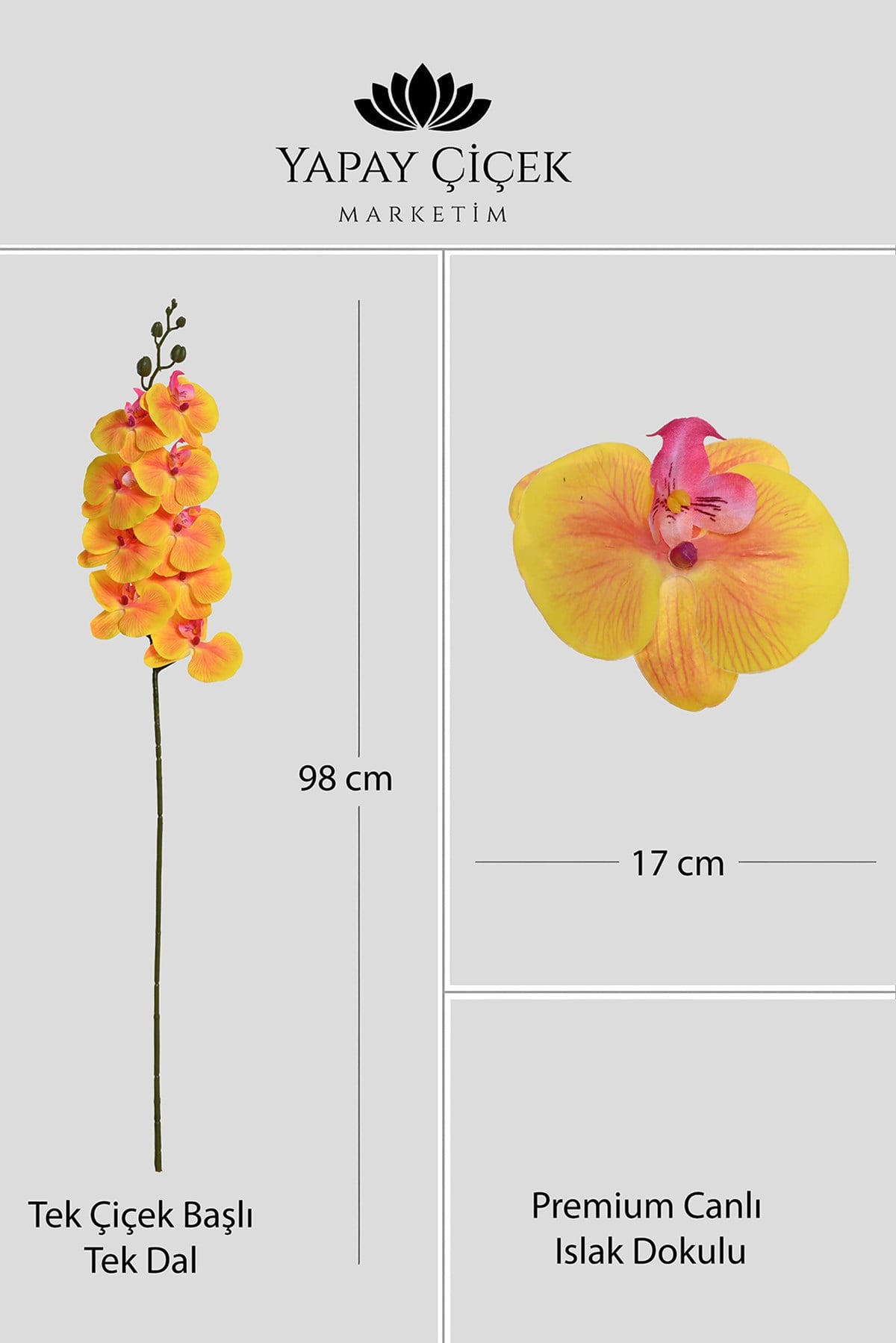 Turuncu Yapay  Orkide Çiçeği Tek Dal Premium Canlı Islak Dokulu  98 cm