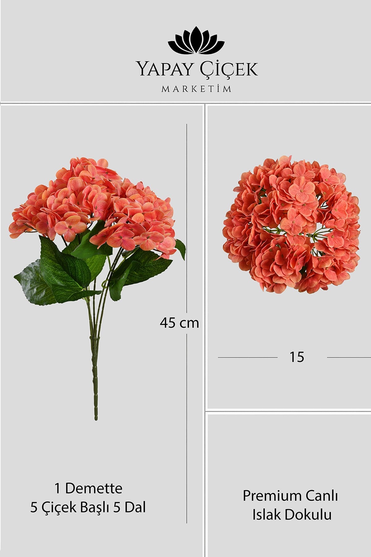 Turuncu Yapay  Ortanca Çiçeği 5 Dallı Premium Canlı Islak Dokulu 42 cm