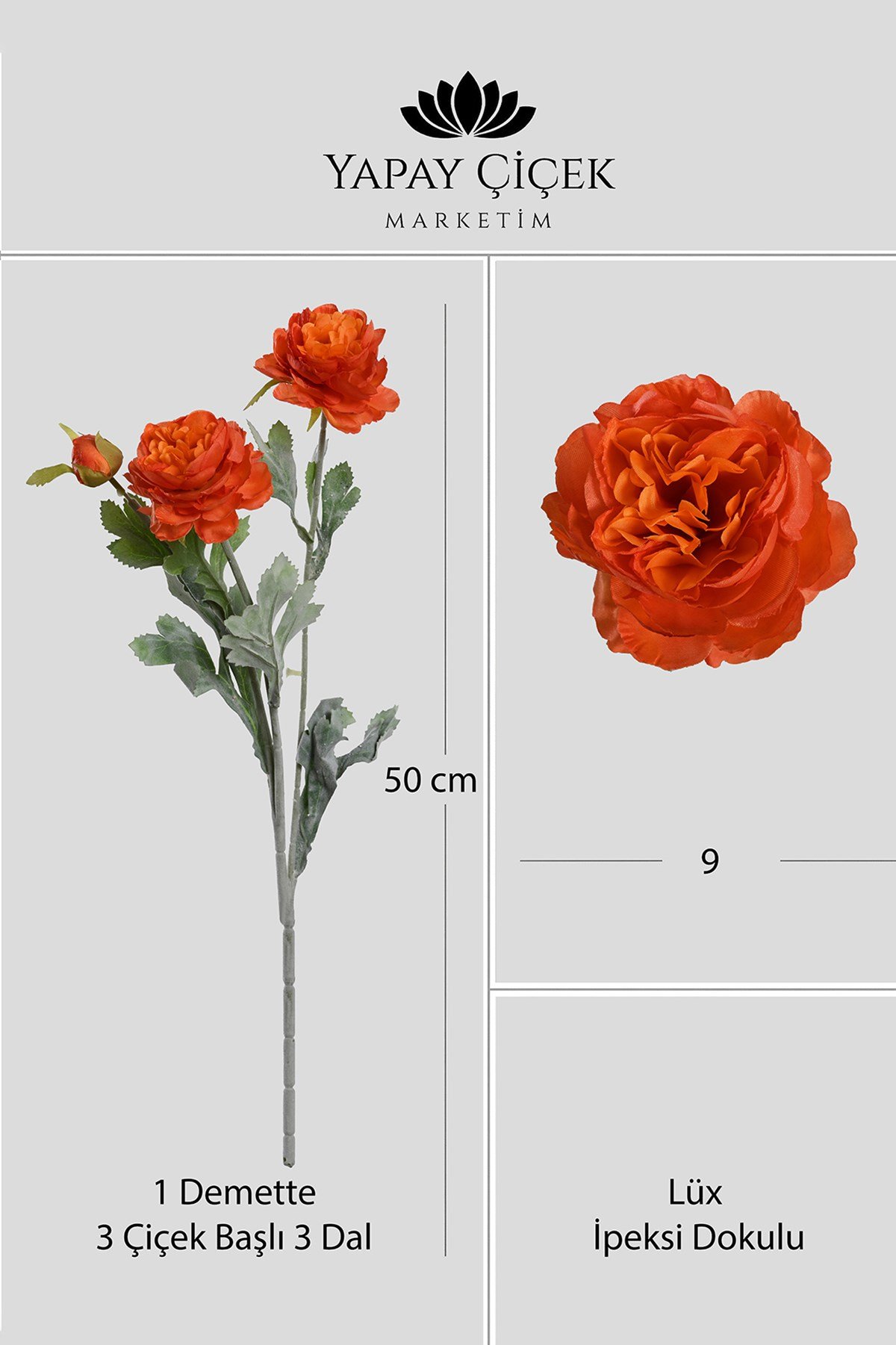 Turuncu Yapay Ranunculus Şakayık Çiçeği  3 Dallı Lüx İpeksi Dokulu 50 cm