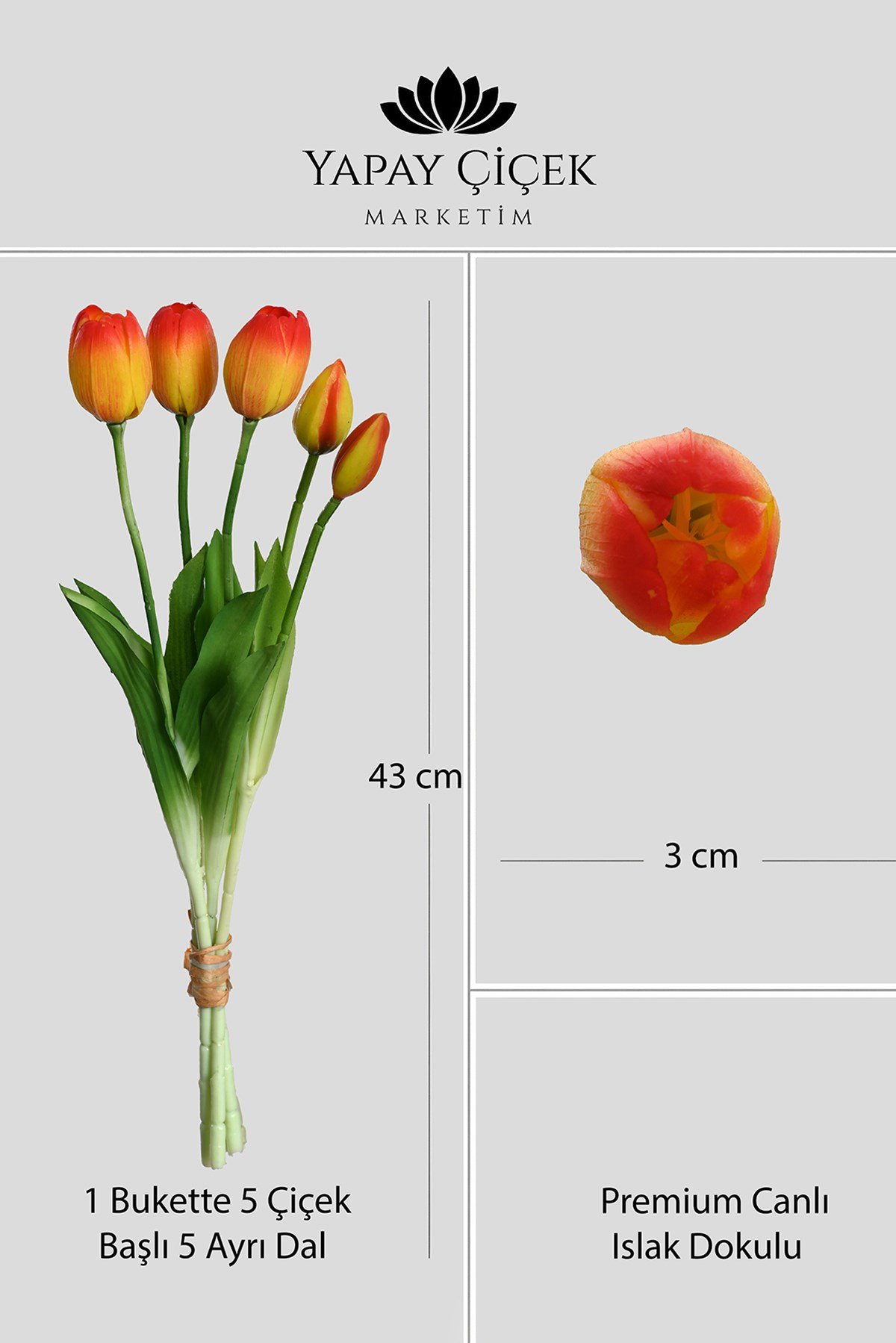 Turuncu Yapay Tulipa Lale Çiçeği Buketi 5 Dallı Premium Canlı Islak Dokulu 43 cm