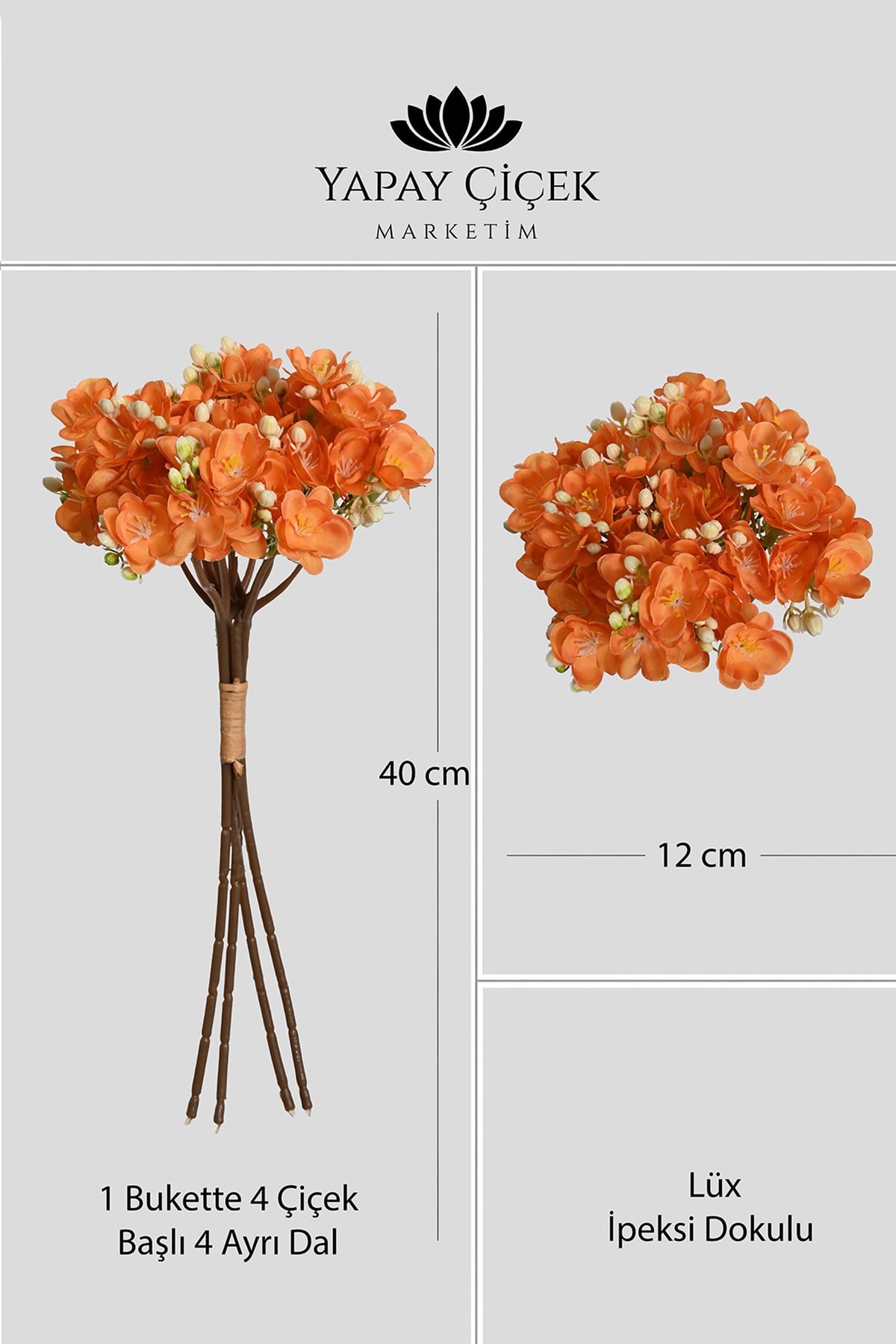 Turuncu Yapay Yasemin Çiçeği Buketi 4 Dallı Lüx İpeksi Dokulu 40 cm