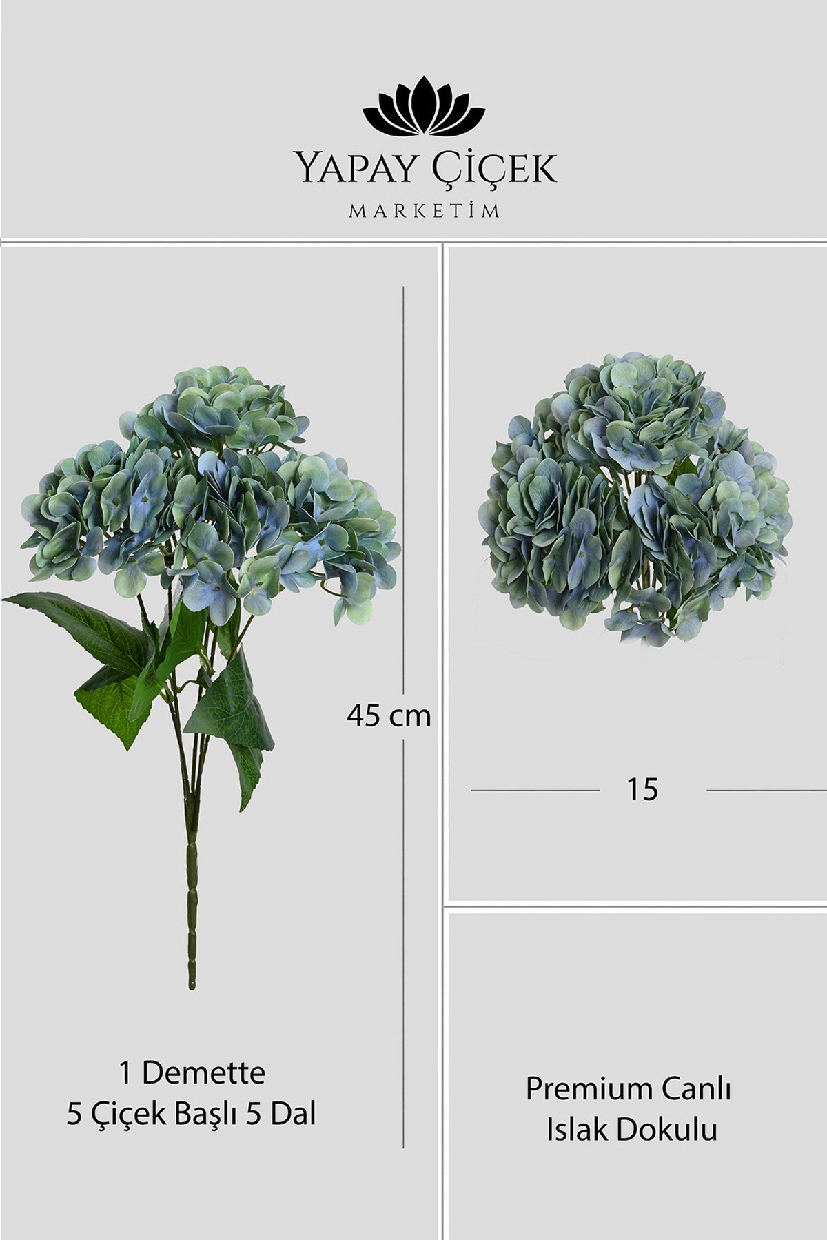 Yeşil Yapay  Ortanca Çiçeği 5 Dallı Premium Canlı Islak Dokulu 42 cm