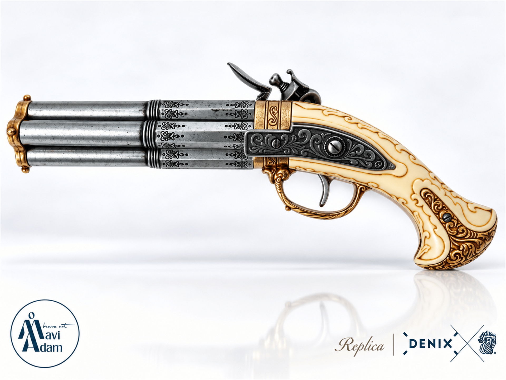 Denix Revolving 4 barrel Çakmaklı Tabanca – Fransa 18. yüzyıl | Dekoratif Replika