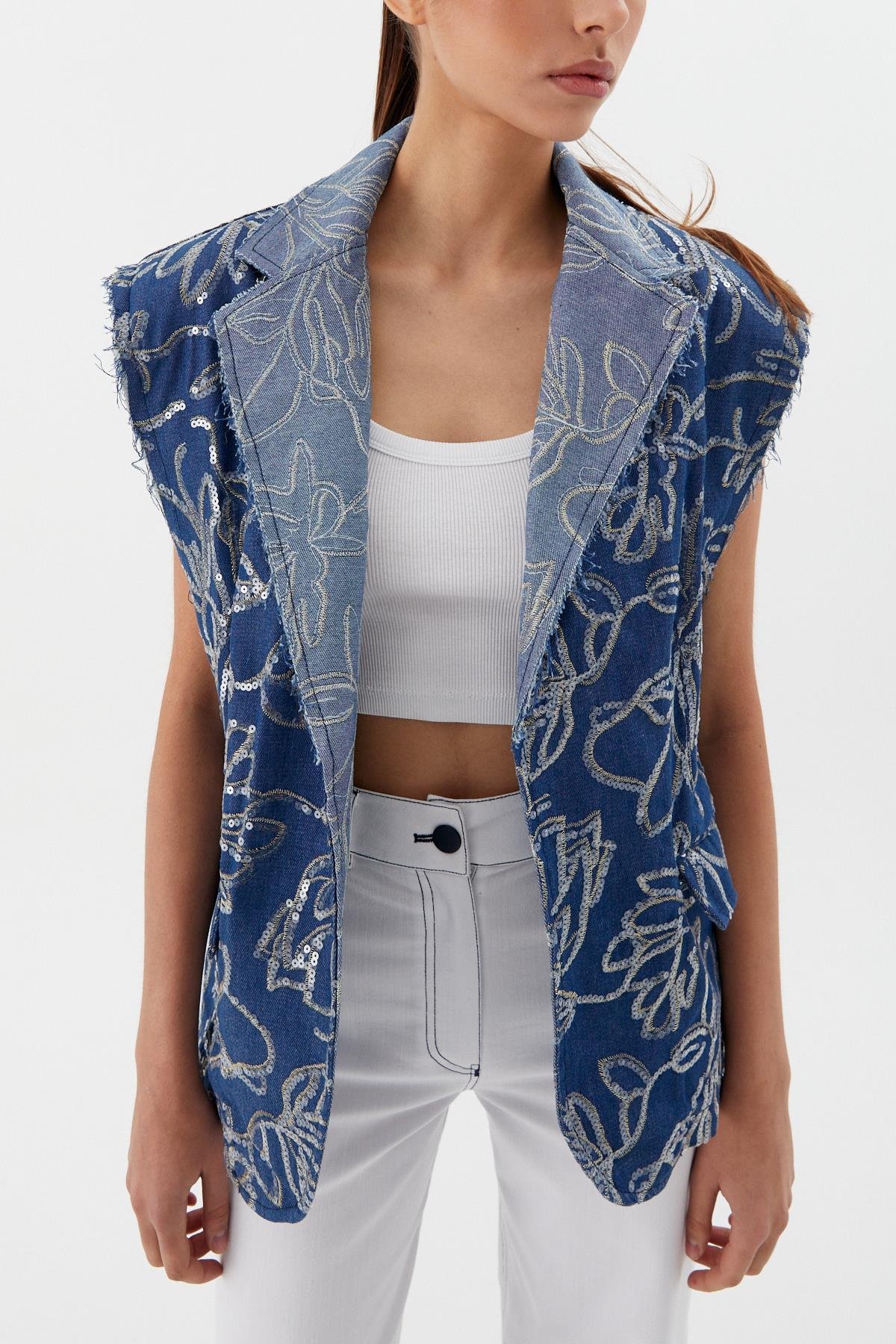 Oversize Pullu Nakış İşlemeli Yelek İndigo