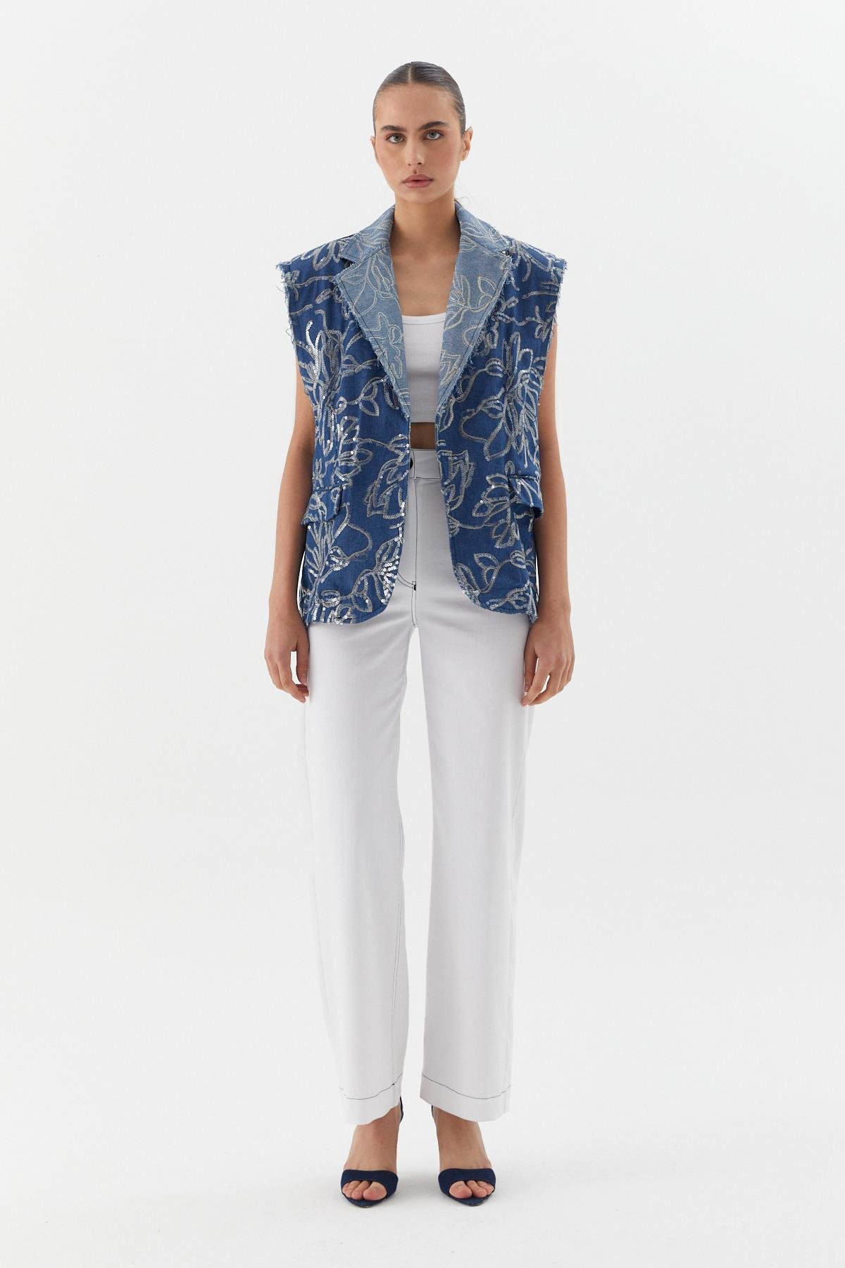 Oversize Pullu Nakış İşlemeli Yelek İndigo