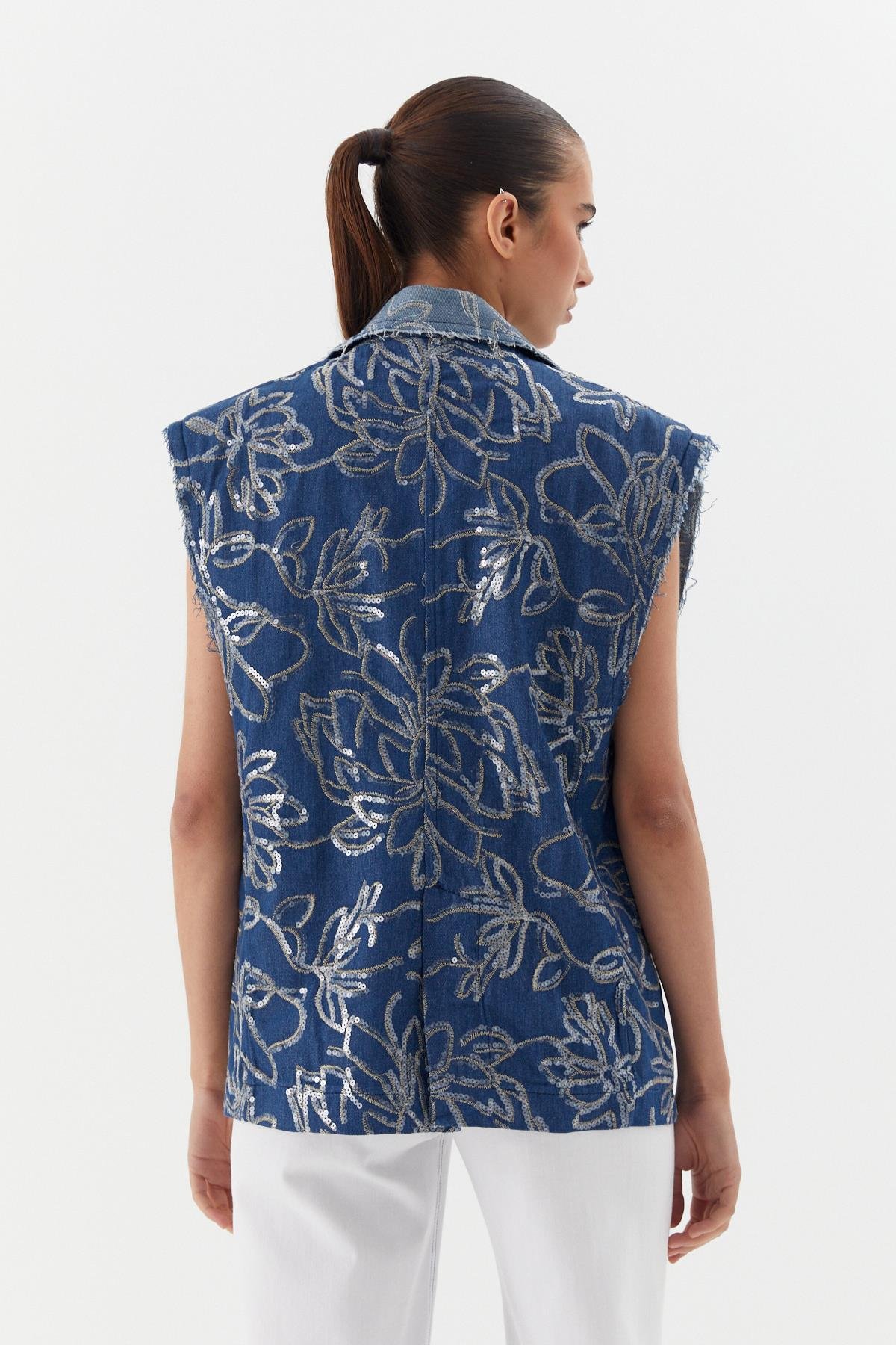 Oversize Pullu Nakış İşlemeli Yelek İndigo