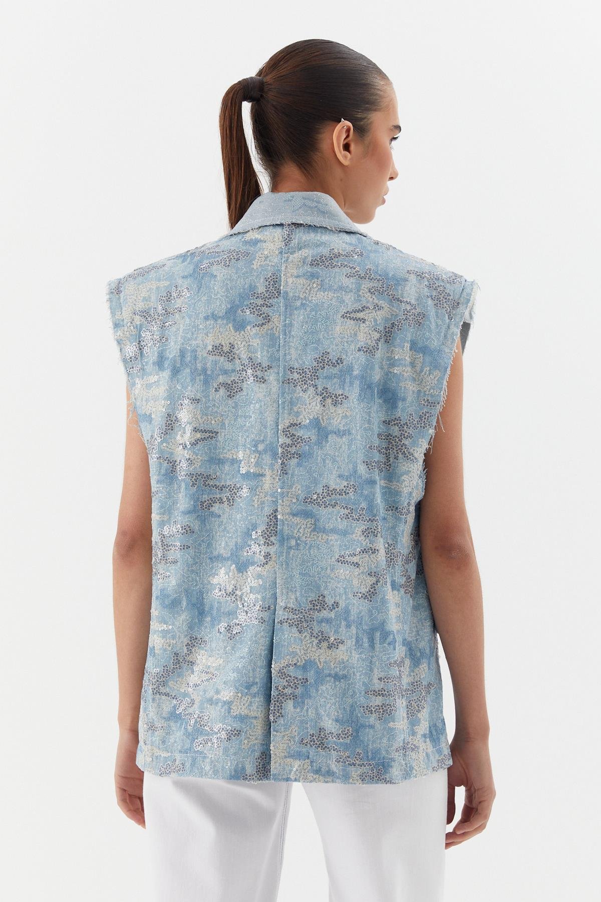 Oversize Pullu Nakışlı Yelek Mavi