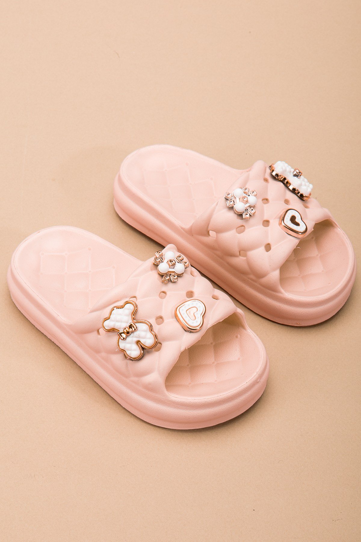 Kids Kız Çocuk Baklava Desenli Taşlı Eva Yumuşak Taban Kreş Havuz Okul Terlik