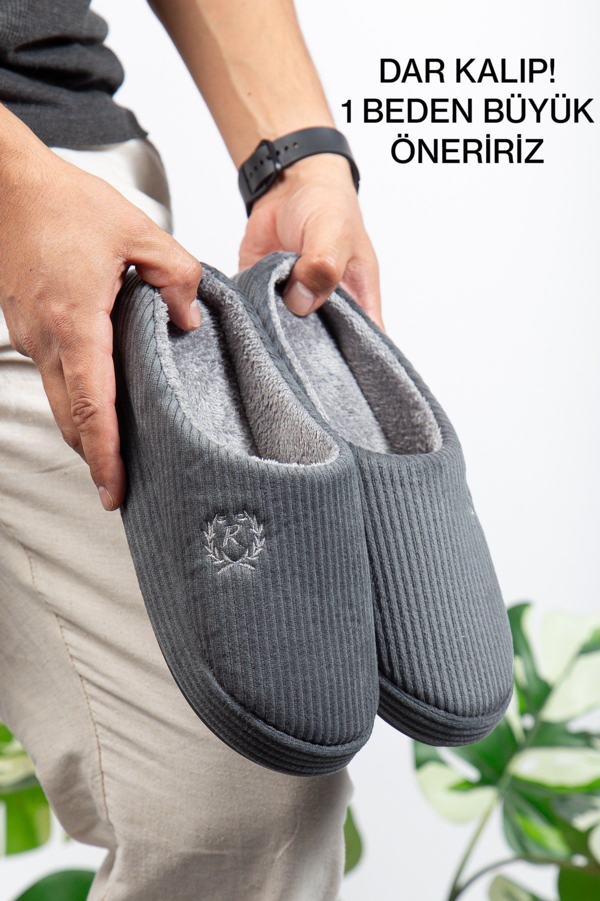 Nakışlı Fitilli Desen Rahat Yumuşak Tabanlı İçi Kürklü Erkek Ev Terliği