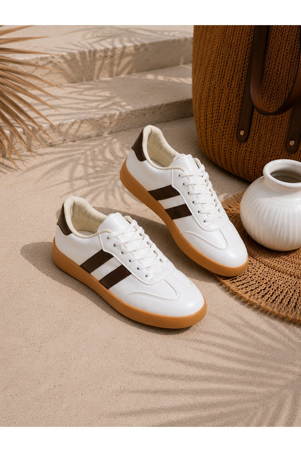 Unisex Günlük Kahve Krem Sneaker Spor Ayakkabı Rahat Taban Bağcıklı