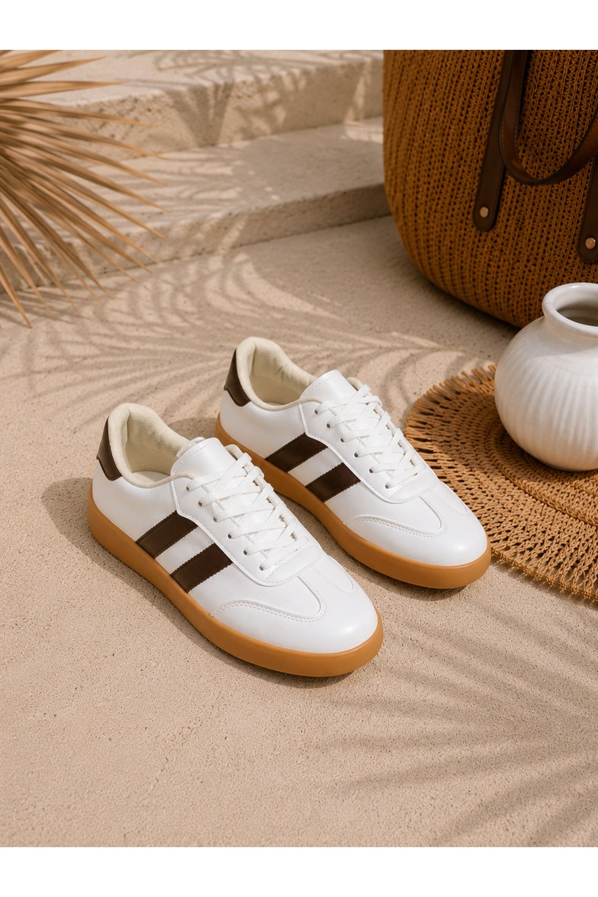 Unisex Günlük Kahve Krem Sneaker Spor Ayakkabı Rahat Taban Bağcıklı