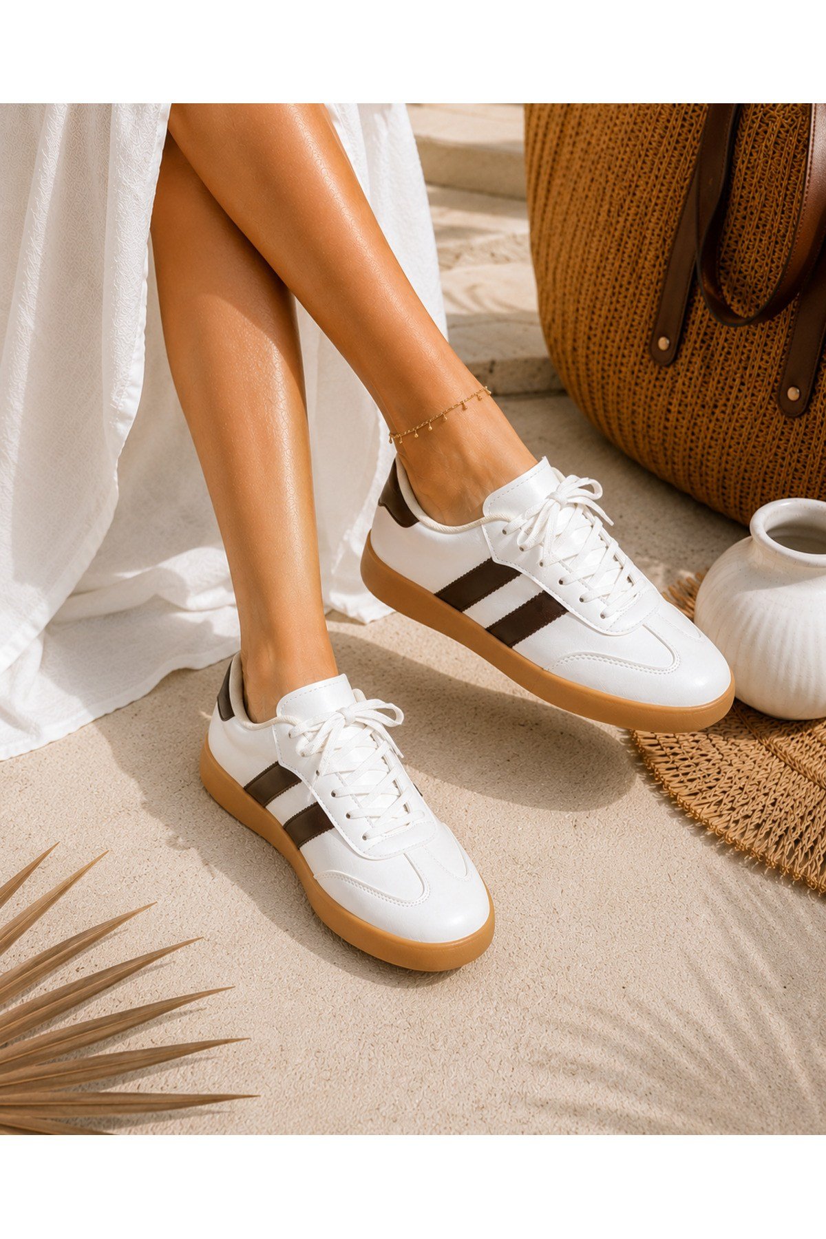Unisex Günlük Kahve Krem Sneaker Spor Ayakkabı Rahat Taban Bağcıklı