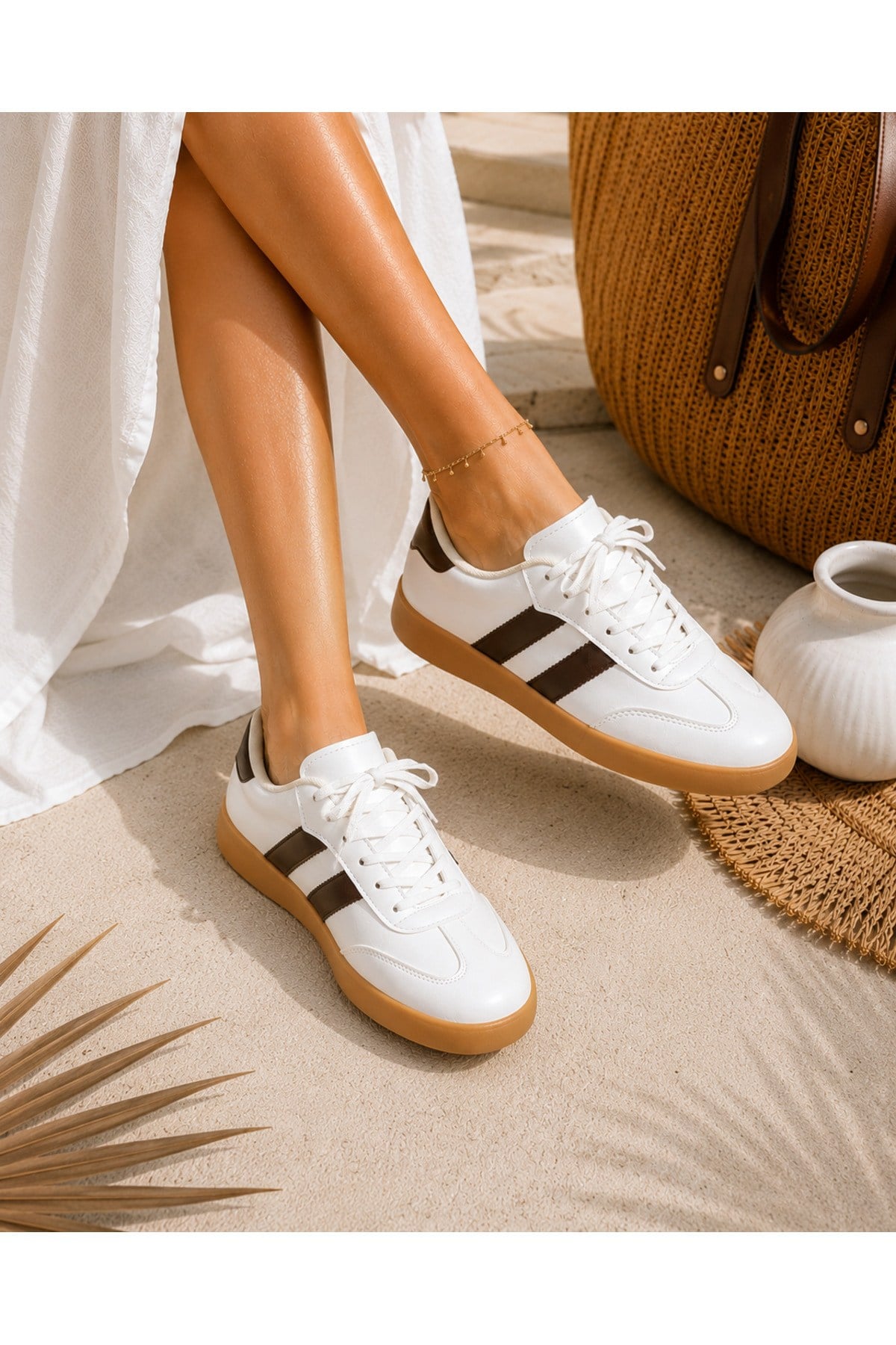 Unisex Günlük Kahve Krem Sneaker Spor Ayakkabı Rahat Taban Bağcıklı