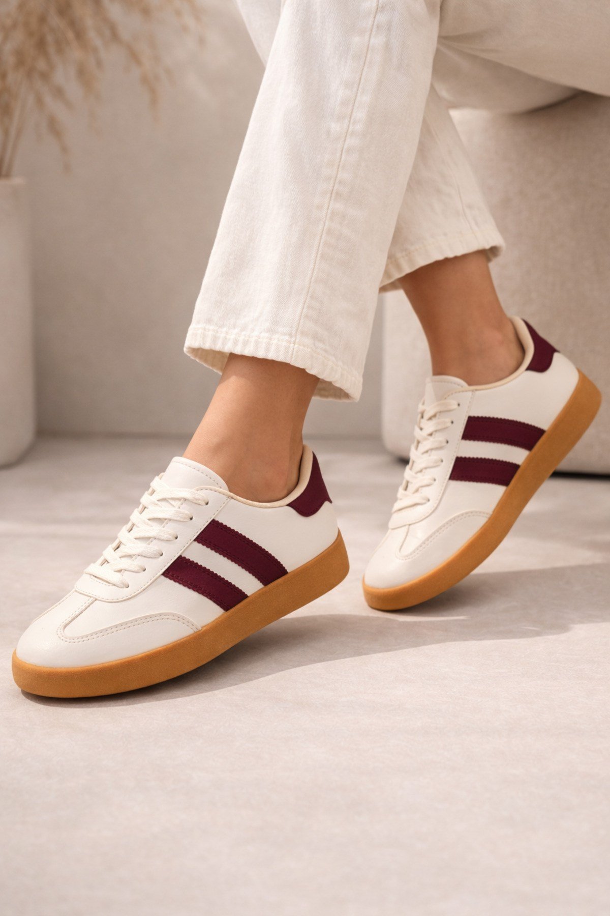 Unisex Günlük Krem Bordo Sneaker Spor Ayakkabı Rahat Taban Bağcıklı