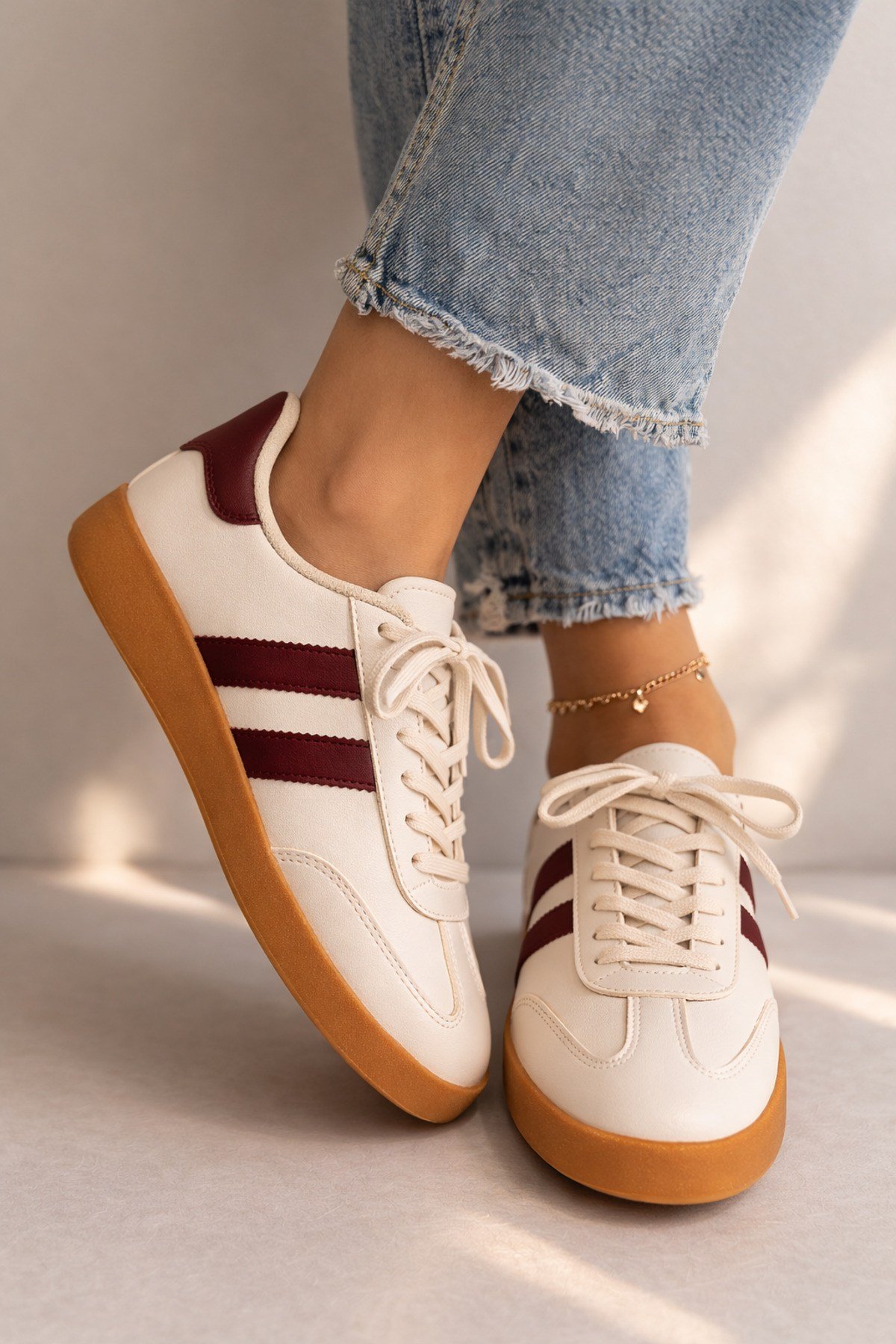 Unisex Günlük Krem Bordo Sneaker Spor Ayakkabı Rahat Taban Bağcıklı