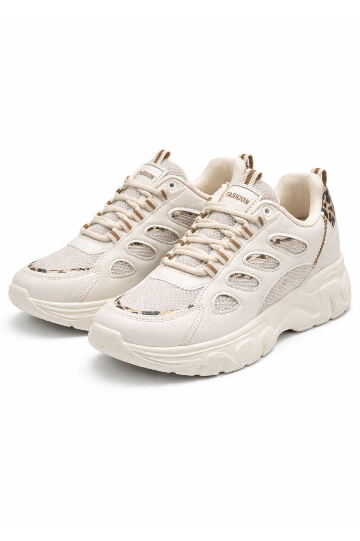 Unisex Kum Anorak Leopar Detaylı Kalın Taban Günlük Yürüyüş Ayakkabısı Sneaker