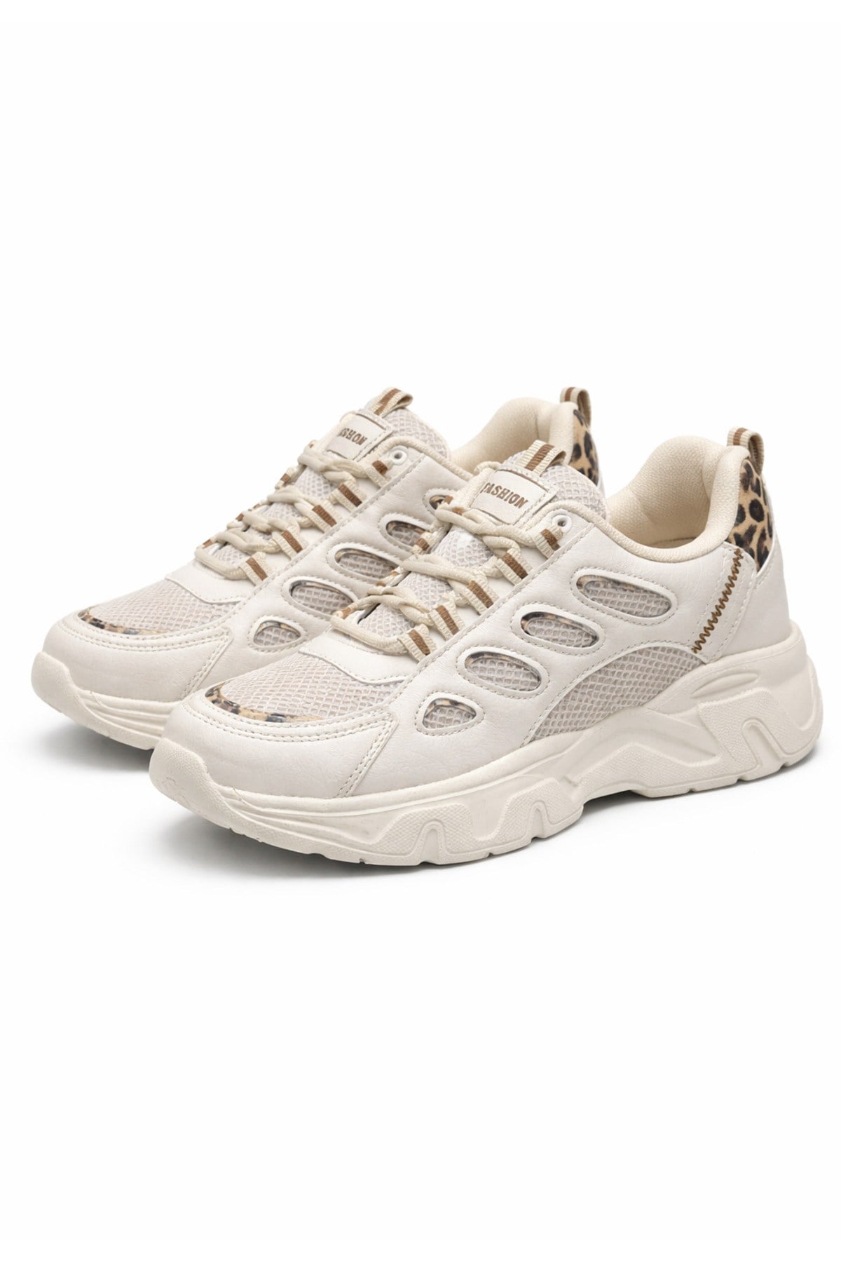 Unisex Kum Anorak Leopar Detaylı Kalın Taban Günlük Yürüyüş Ayakkabısı Sneaker