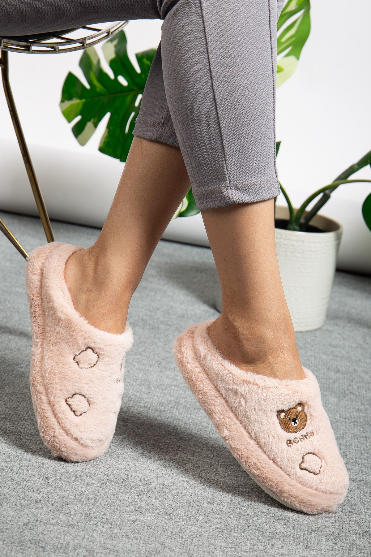 Unisex Peluş Sevimli Ayıcık Nakışlı Çeyiz Bohça Hediyelik Ev Terliği