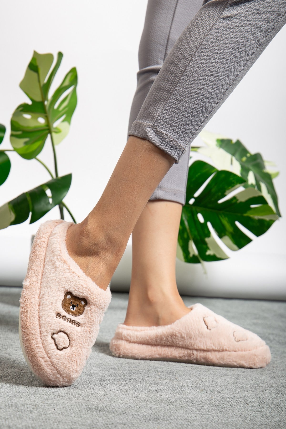 Unisex Peluş Sevimli Ayıcık Nakışlı Çeyiz Bohça Hediyelik Ev Terliği