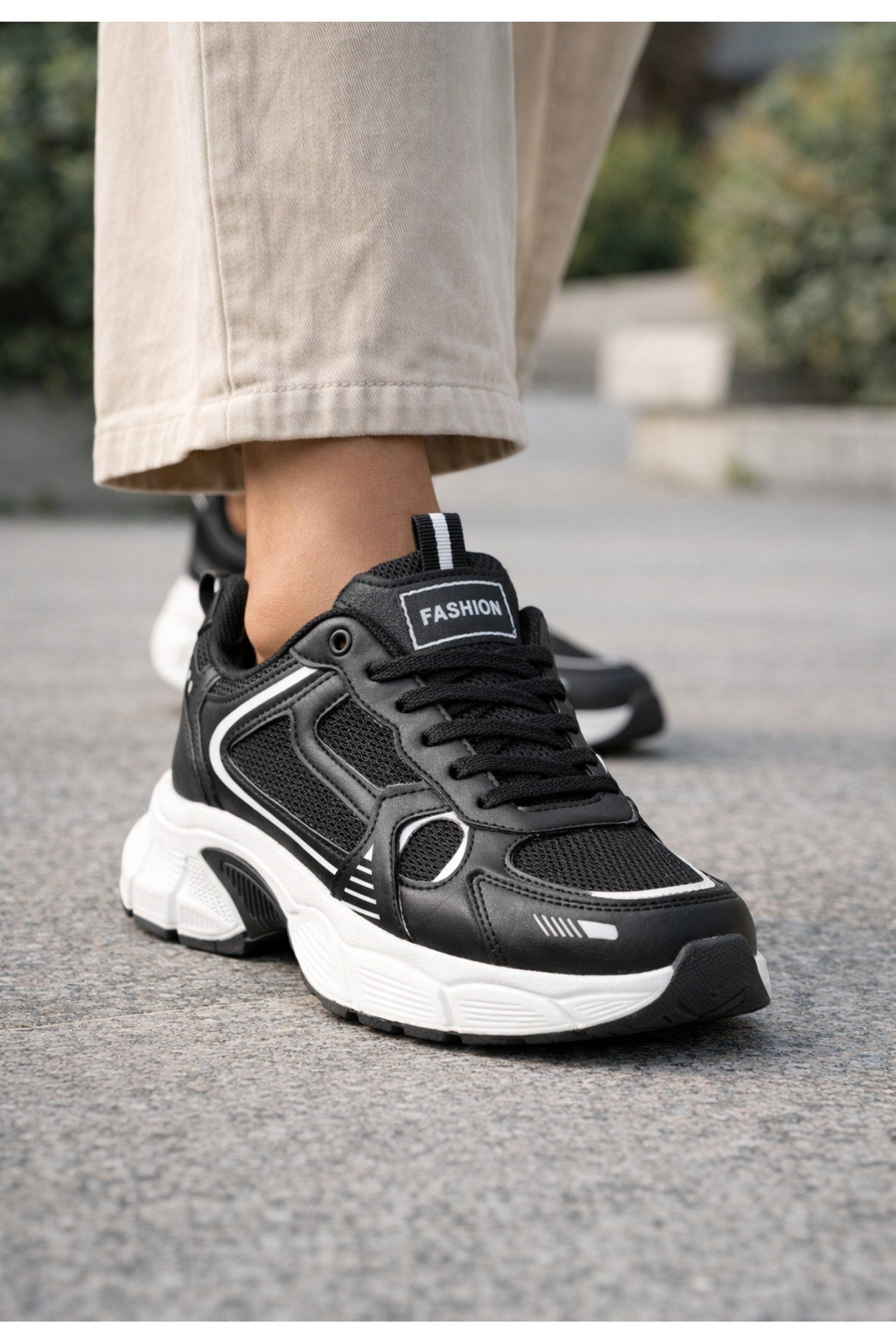 Unisex Siyah Anorak Detaylı Kalın Taban Günlük Yürüyüş Ayakkabısı Sneaker