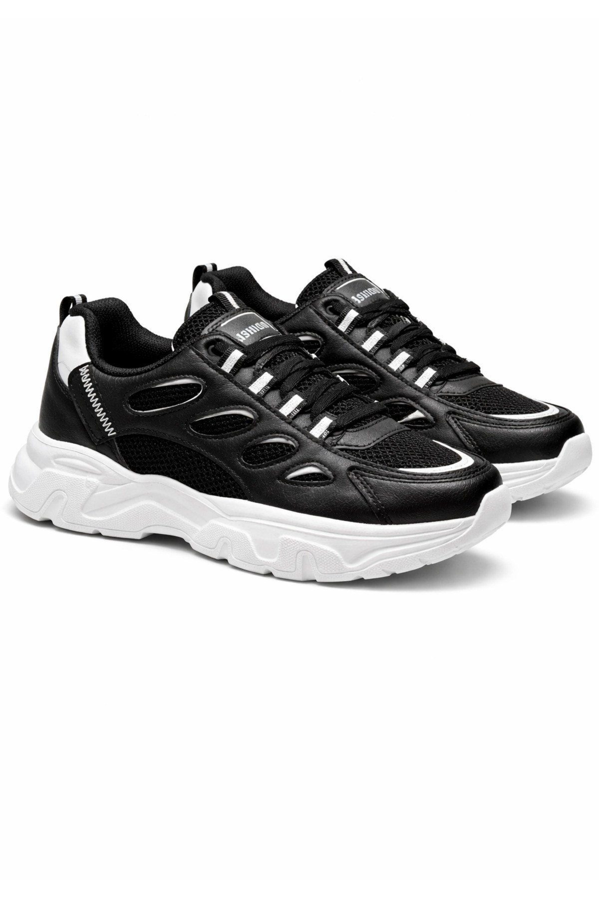 Unisex Siyah Beyaz Anorak Kalın Taban Günlük Yürüyüş Ayakkabısı Sneaker