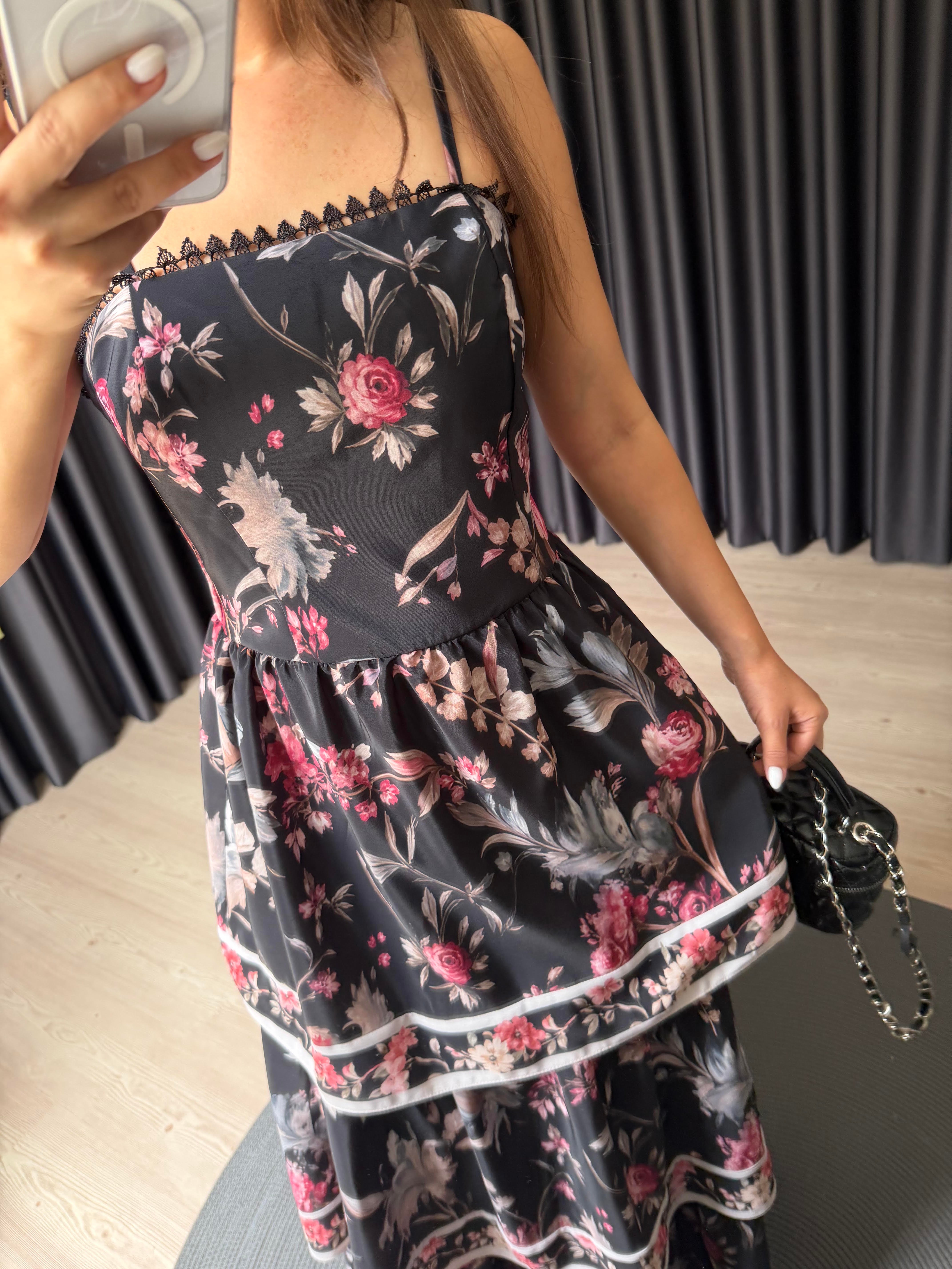 KATLI SİYAH FLORAL ELBİSE