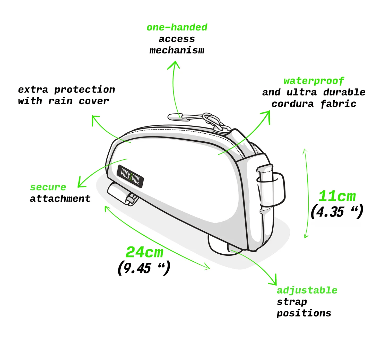PACK2RIDE ONEDROP TOP TUBE BAG (WITH INTEGRATED RAIN COVER) BLACK