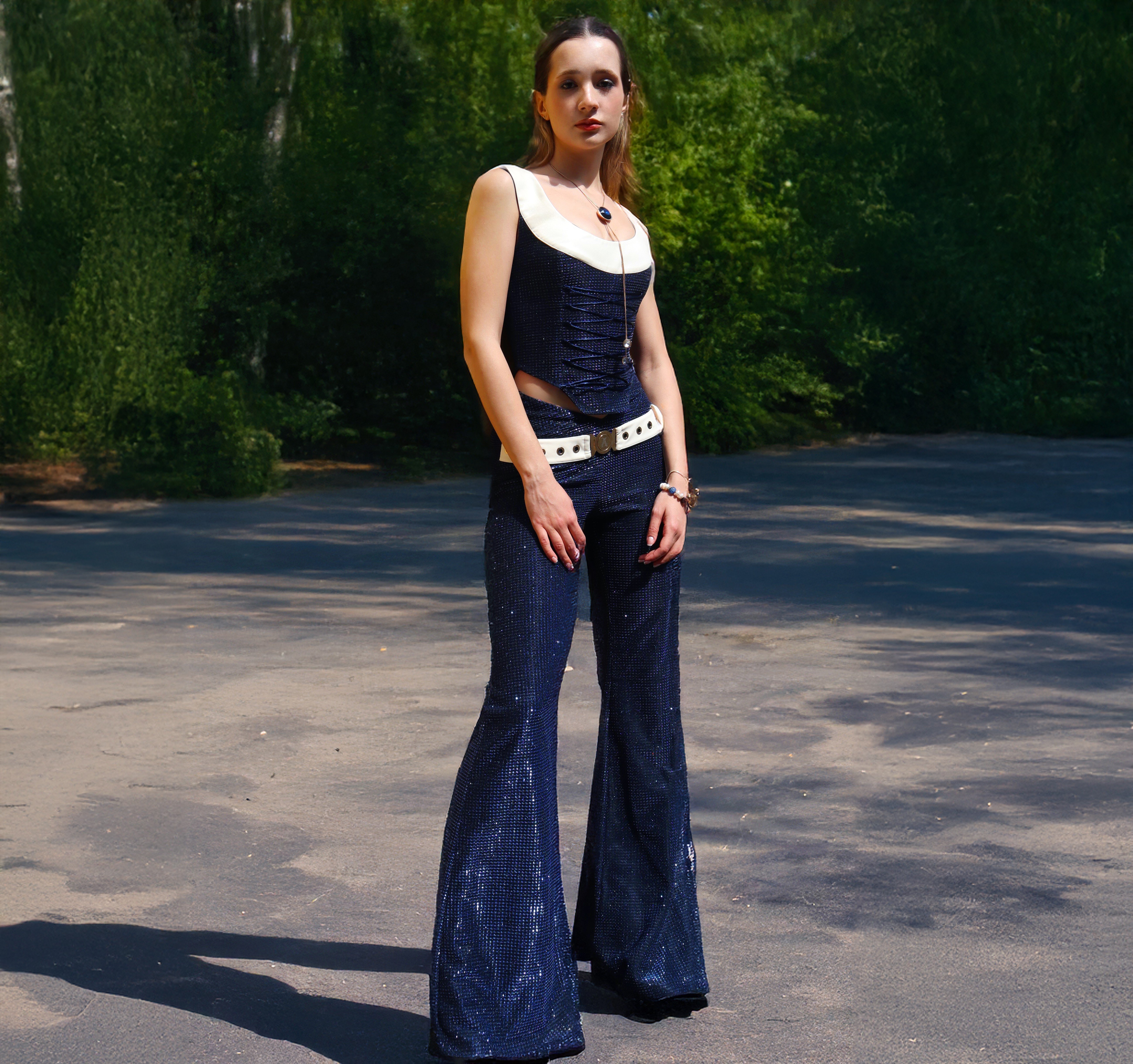 Navy Blue Flared Trousers – Ivory Belt Detai