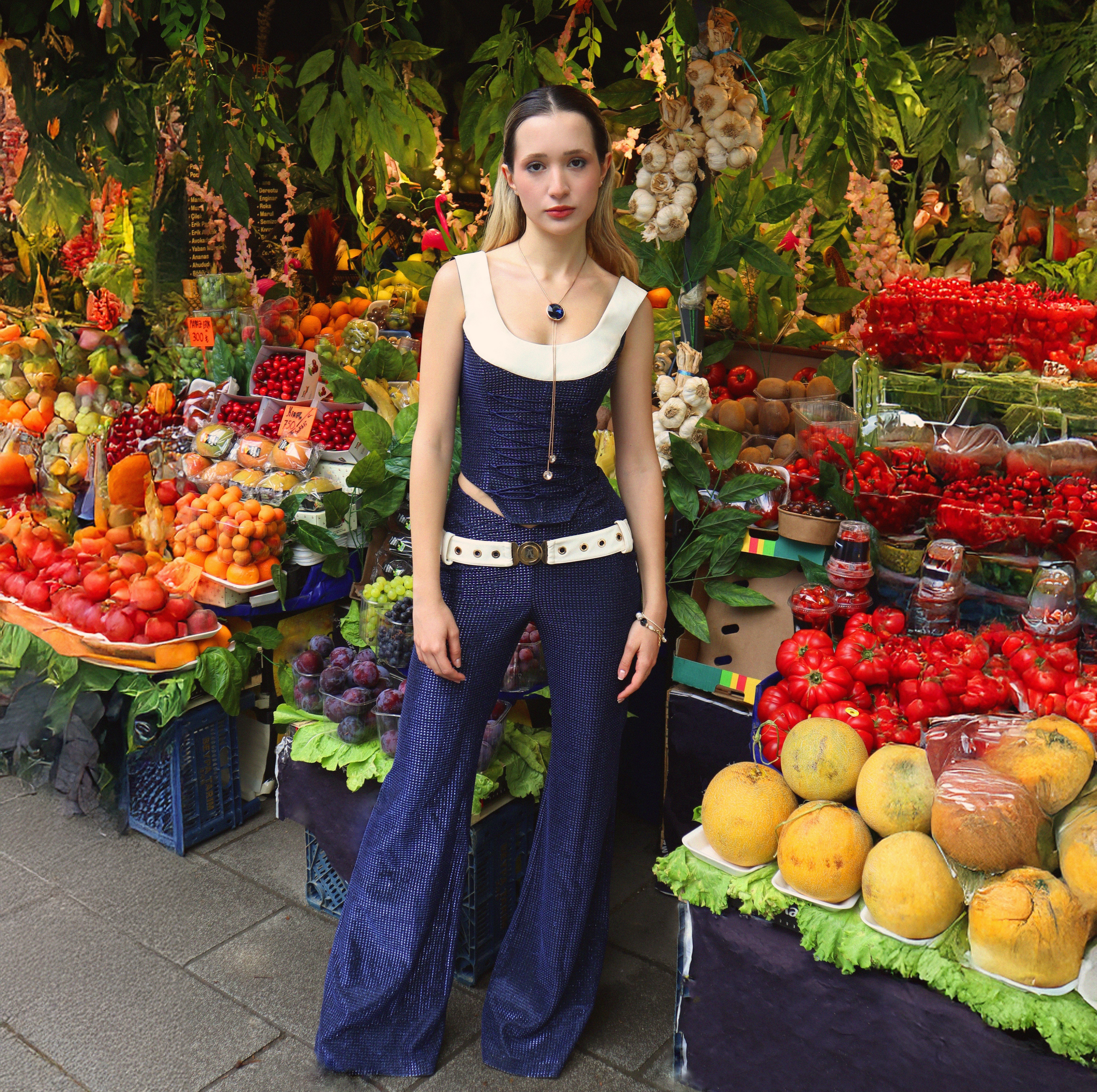 Navy Blue Flared Trousers – Ivory Belt Detai