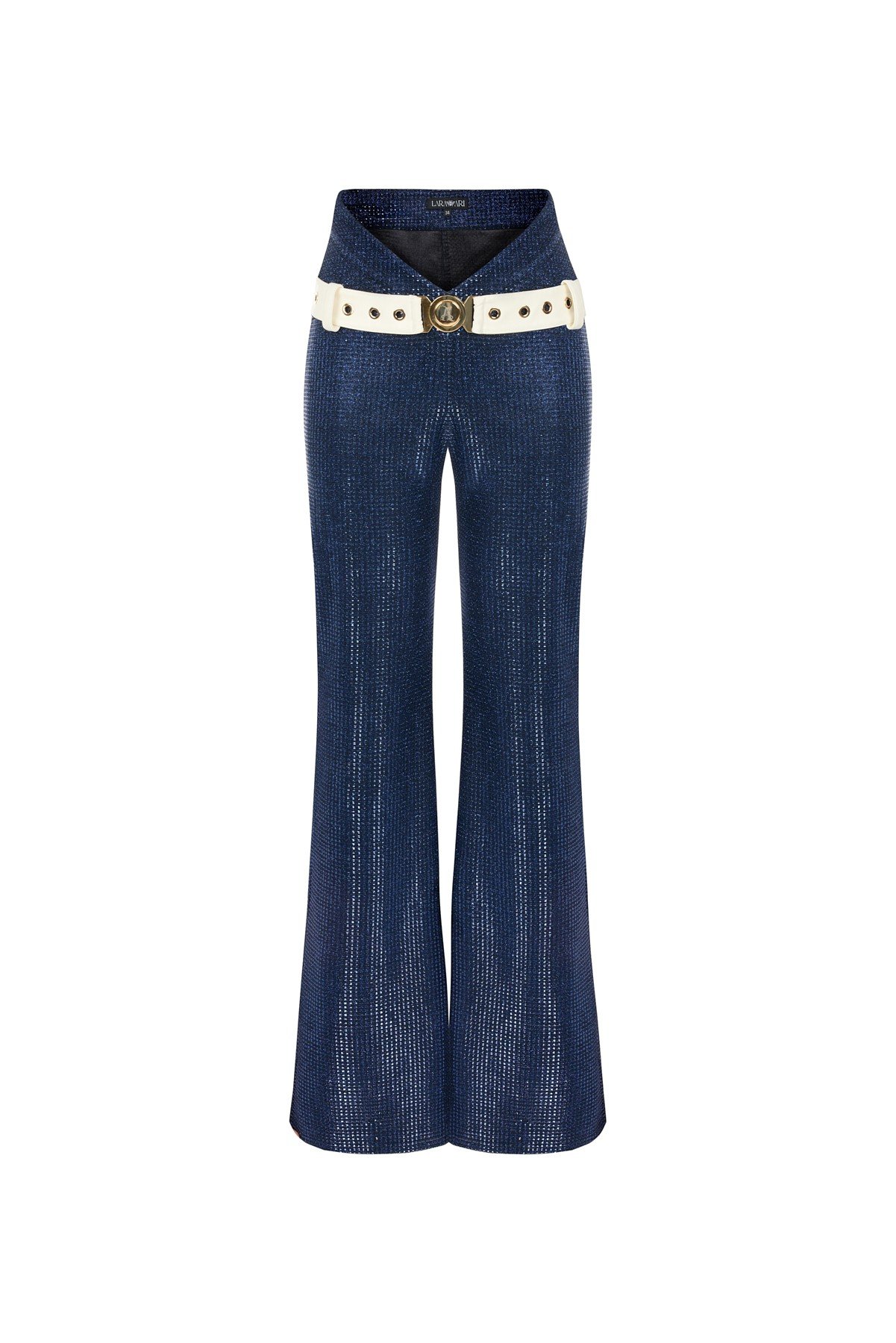 Navy Blue Flared Trousers – Ivory Belt Detai