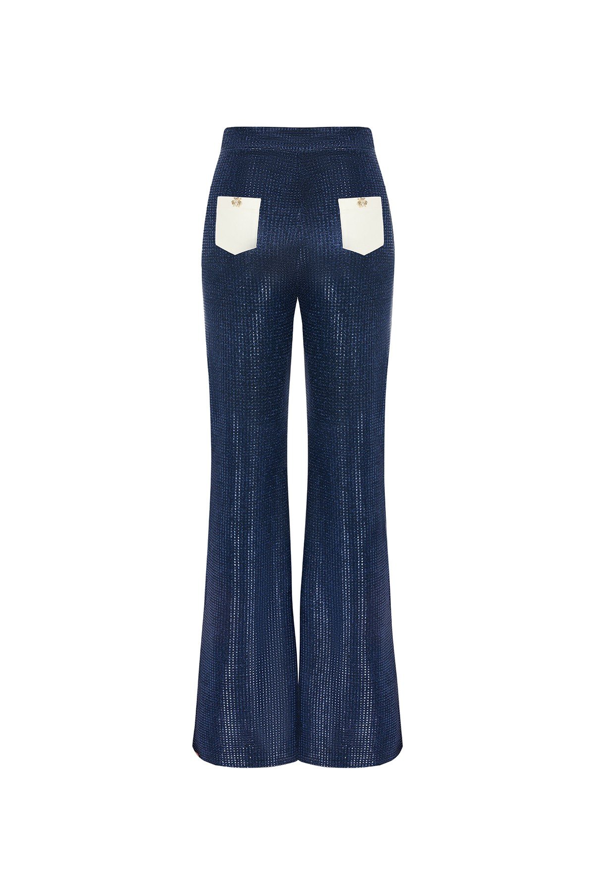 Navy Blue Flared Trousers – Ivory Belt Detai