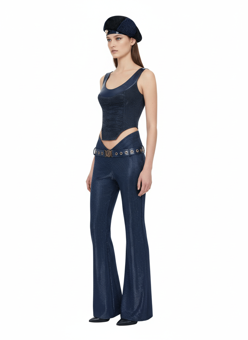Navy Blue Flared Trousers – Navy Belt Detail 